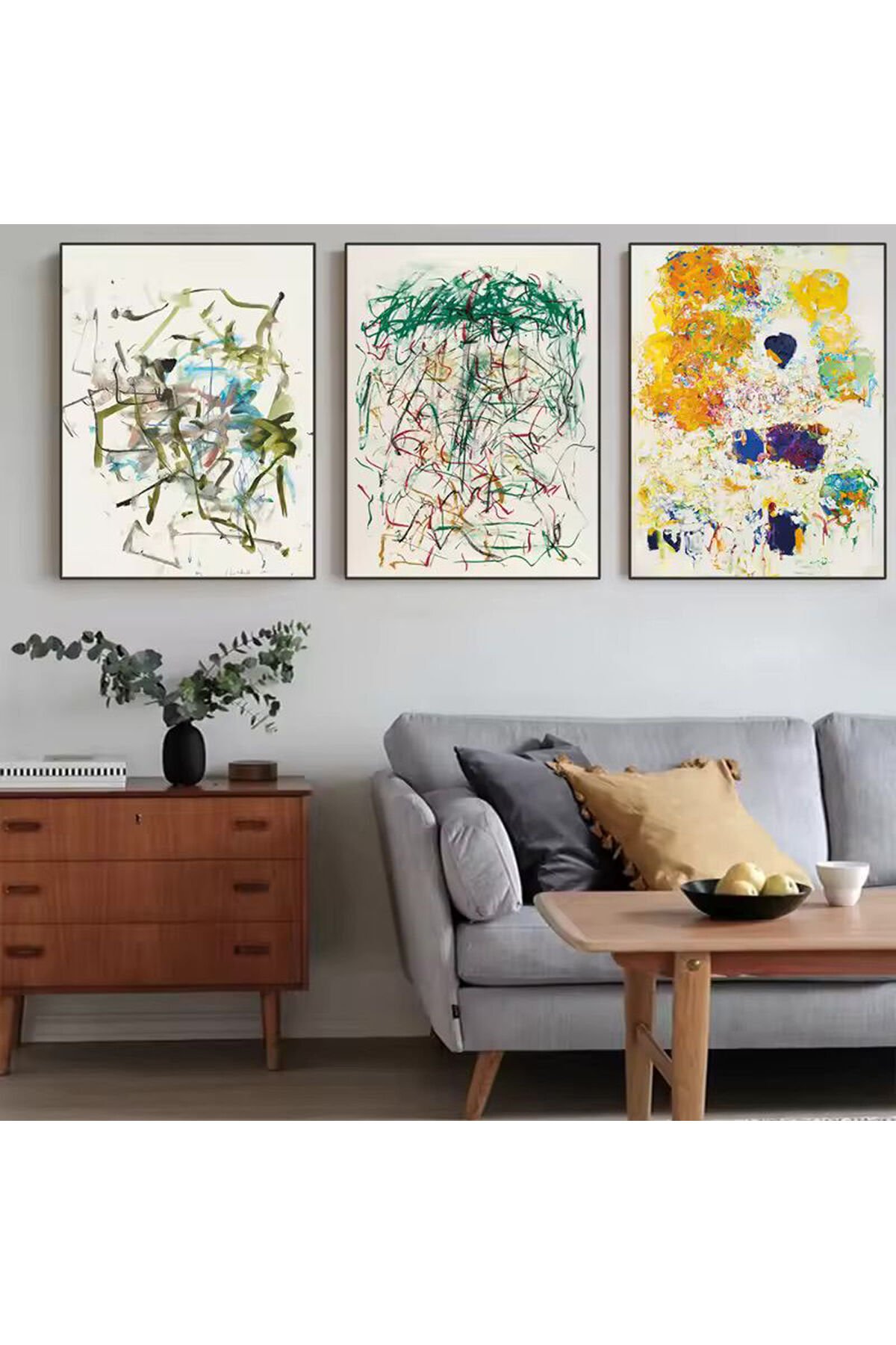 3lü Siyah Metal Çerçeve Modern Renkli Gerçek Cam Tablo Seti