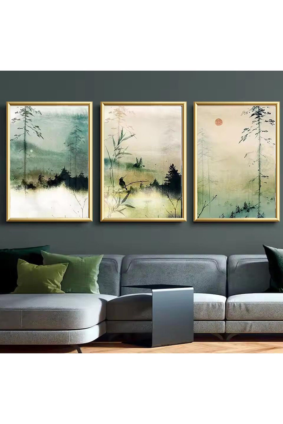 3lü Gold Metal Çerçeve Soyut Doğa Gerçek Camlı Tablo Seti