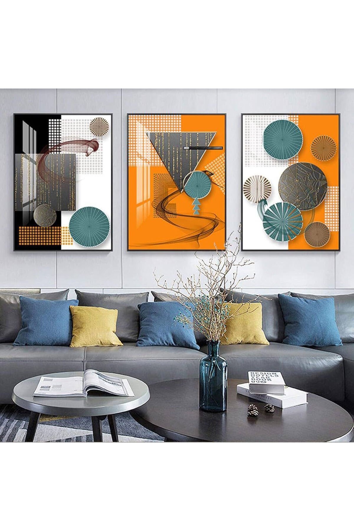3lü Siyah Metal Çerçeve Turuncu Geometrik Gerçek Cam Tablo Seti