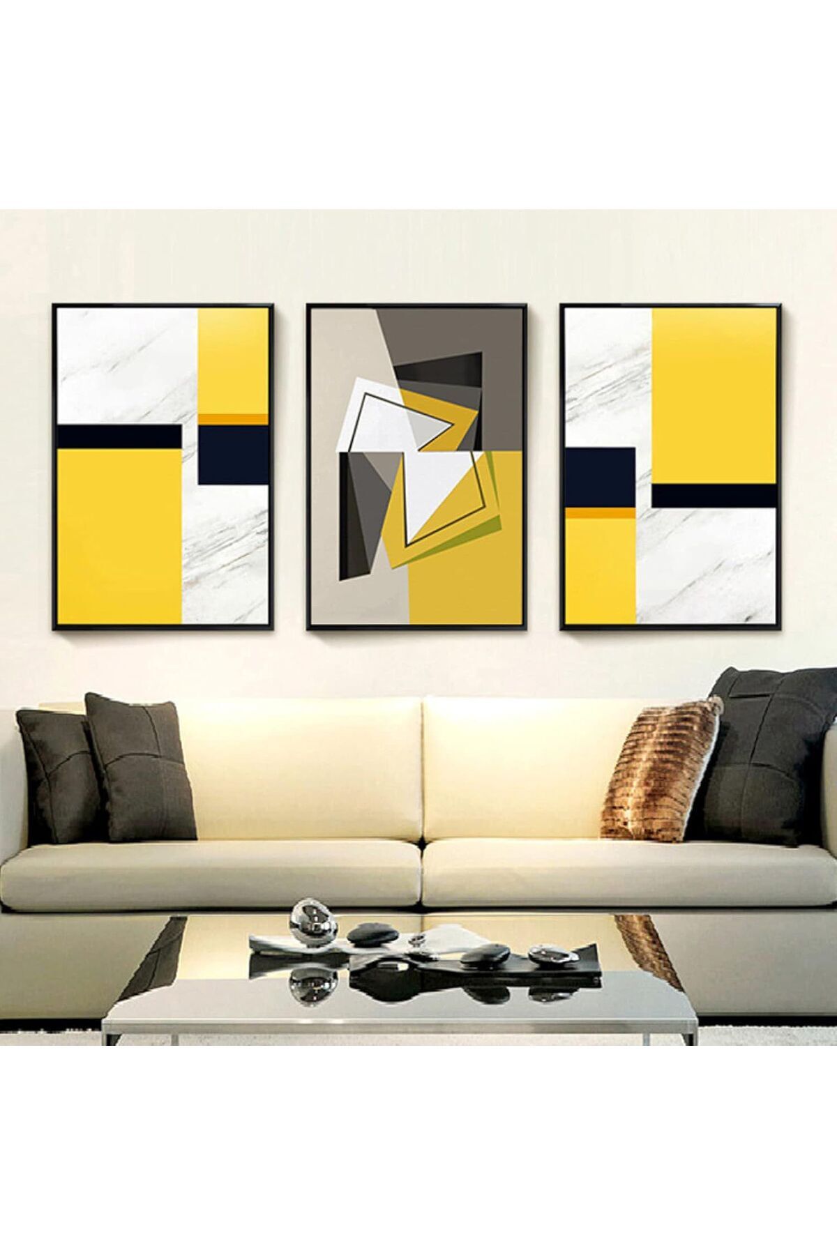 3lü Siyah Metal Çerçeve Sarı Soyut Gerçek Cam Tablo Seti