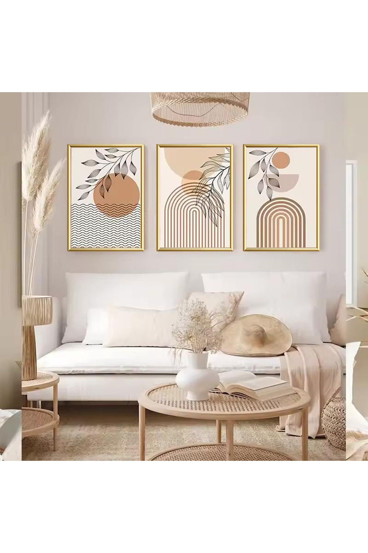 3lü Gold Metal Çerçeve Bohem İskandinav Gerçek Camlı Tablo Seti