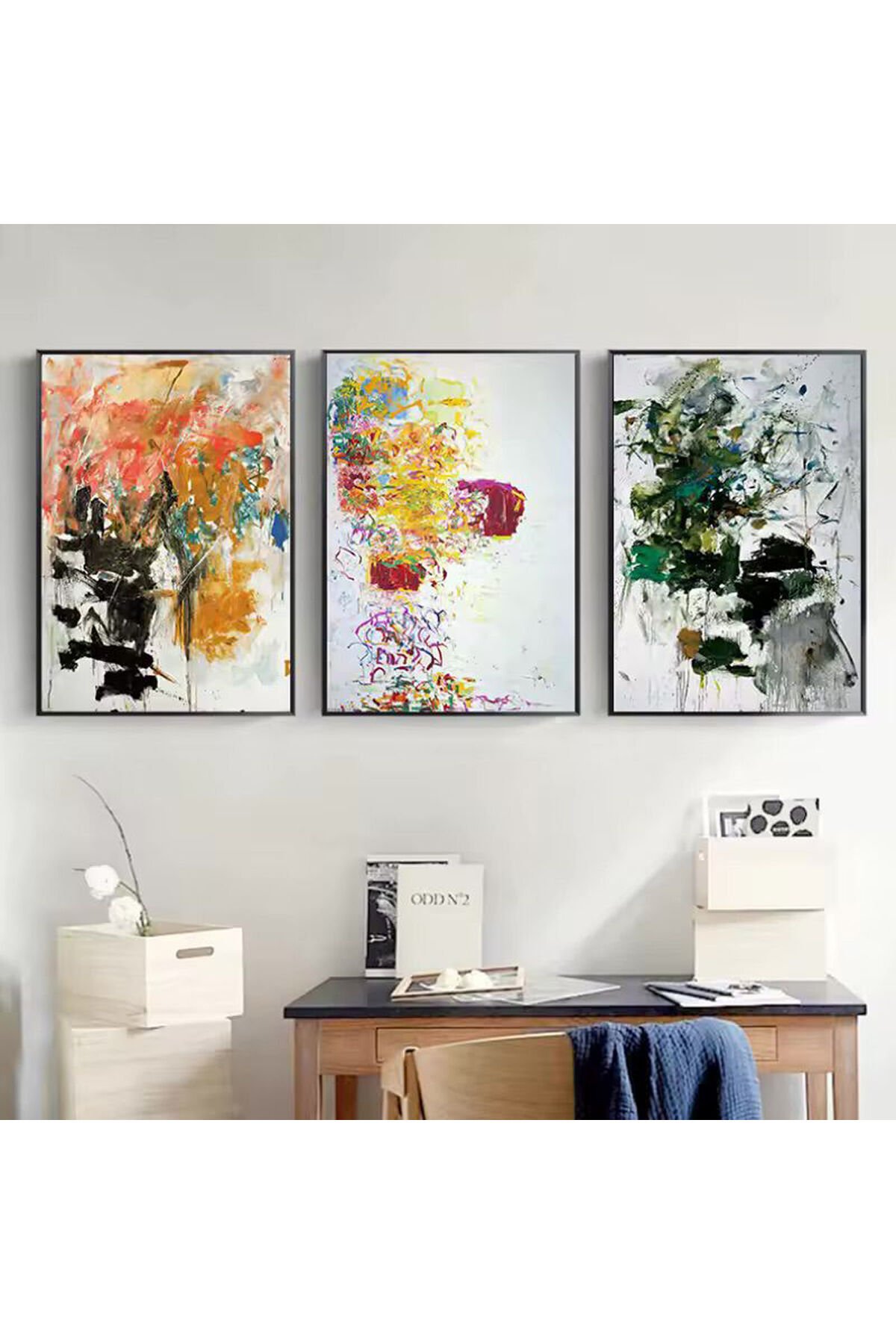 3lü Siyah Metal Çerçeve Renkli Sanatsal Gerçek Cam Tablo Seti