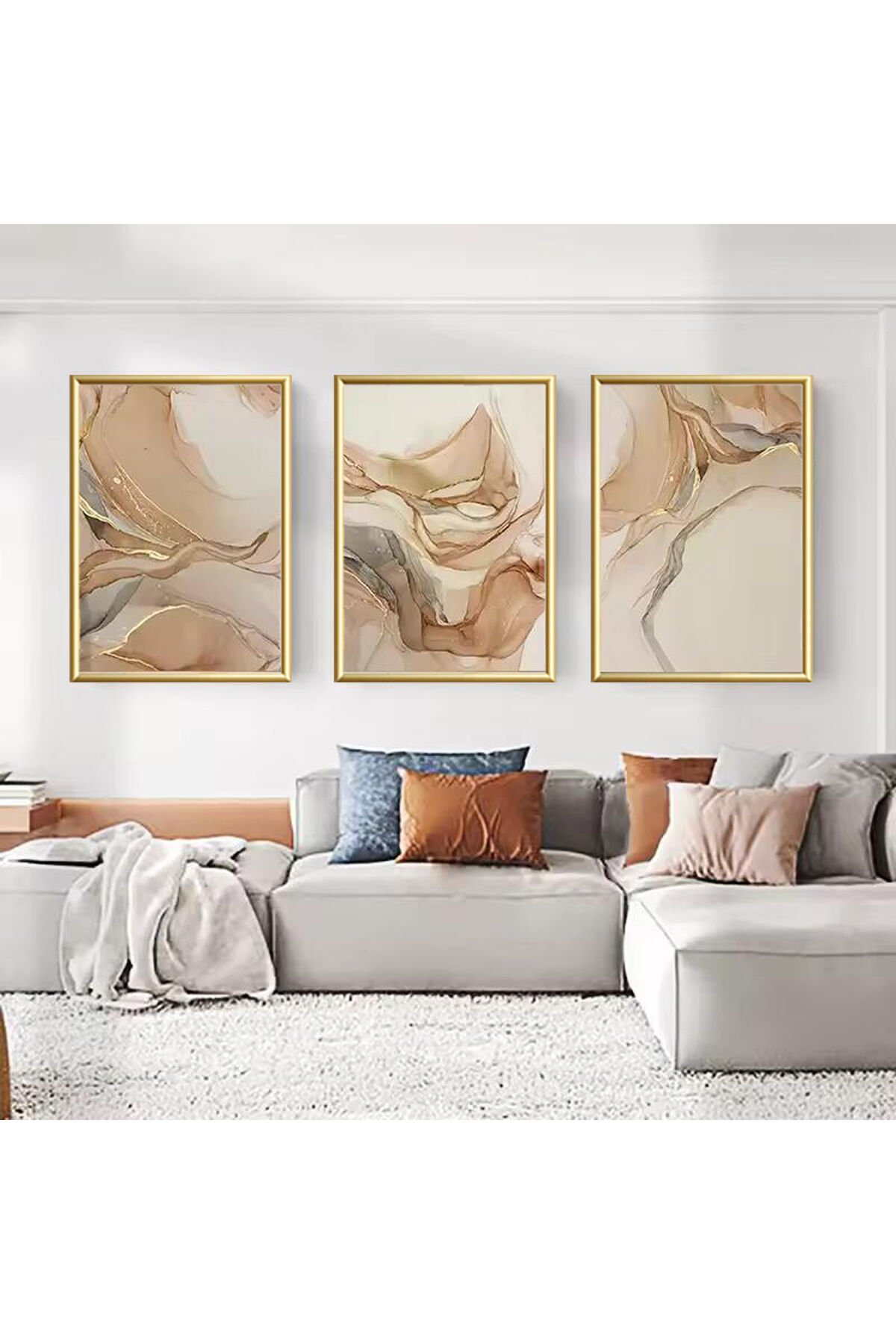 3lü Gold Metal Çerçeve Mermer Desen Gerçek Camlı Tablo Seti