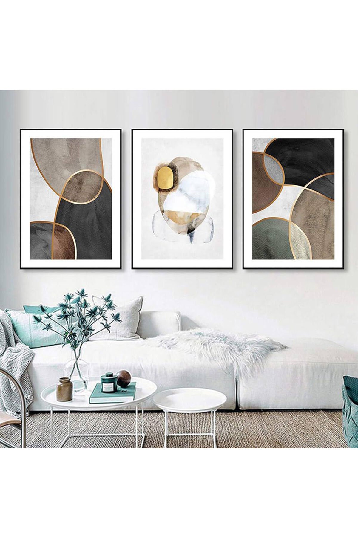 3lü Siyah Metal Çerçeve Kahve Antrasit Gerçek Cam Tablo Seti