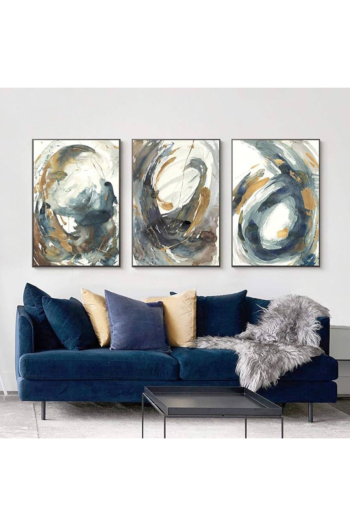Üçlü Siyah Metal Çerçeve Modern Tarz Gerçek Cam Tablo Seti