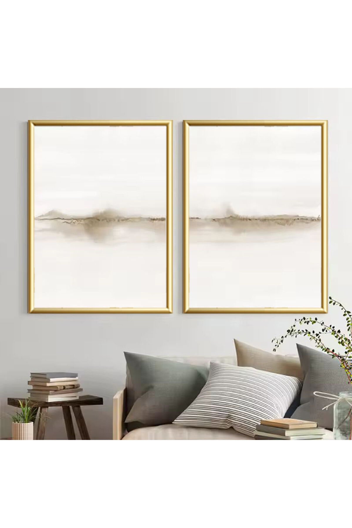 2li Gold Metal Çerçeveli Soyut Sanatsal Gerçek Cam Tablo Seti
