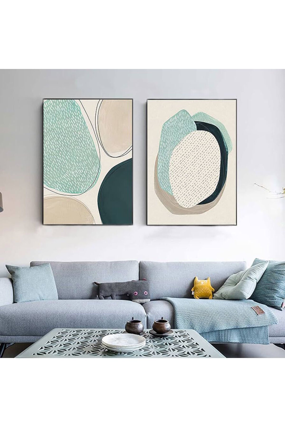 2li Siyah Metal Çerçeve Mavi Dairesel Gerçek Cam Tablo Seti