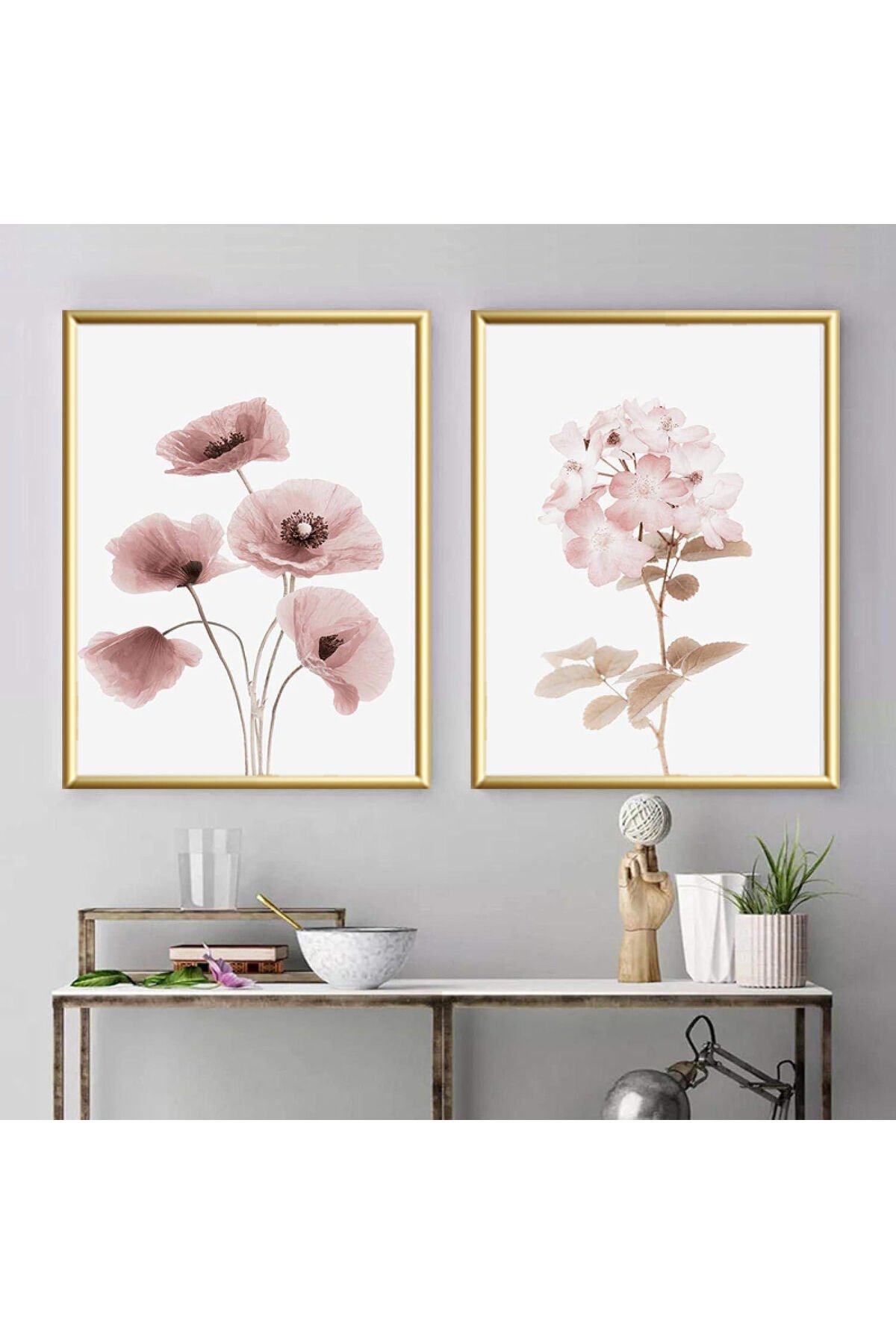 2li Gold Metal Çerçeveli Pembe Çiçek Gerçek Cam Tablo Seti