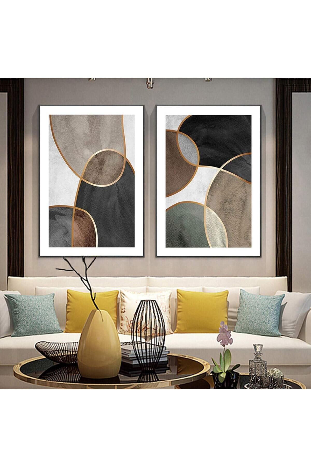 2li Siyah Metal Çerçeve Kahve Antrasit Gerçek Cam Tablo Seti