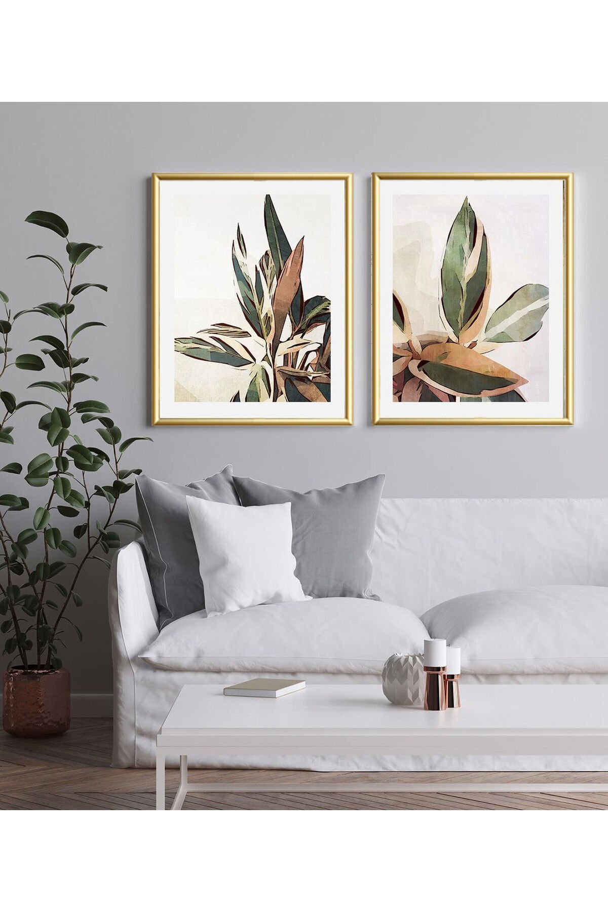 2li Gold Metal Çerçeveli Soyut Bitki Gerçek Cam Tablo Seti