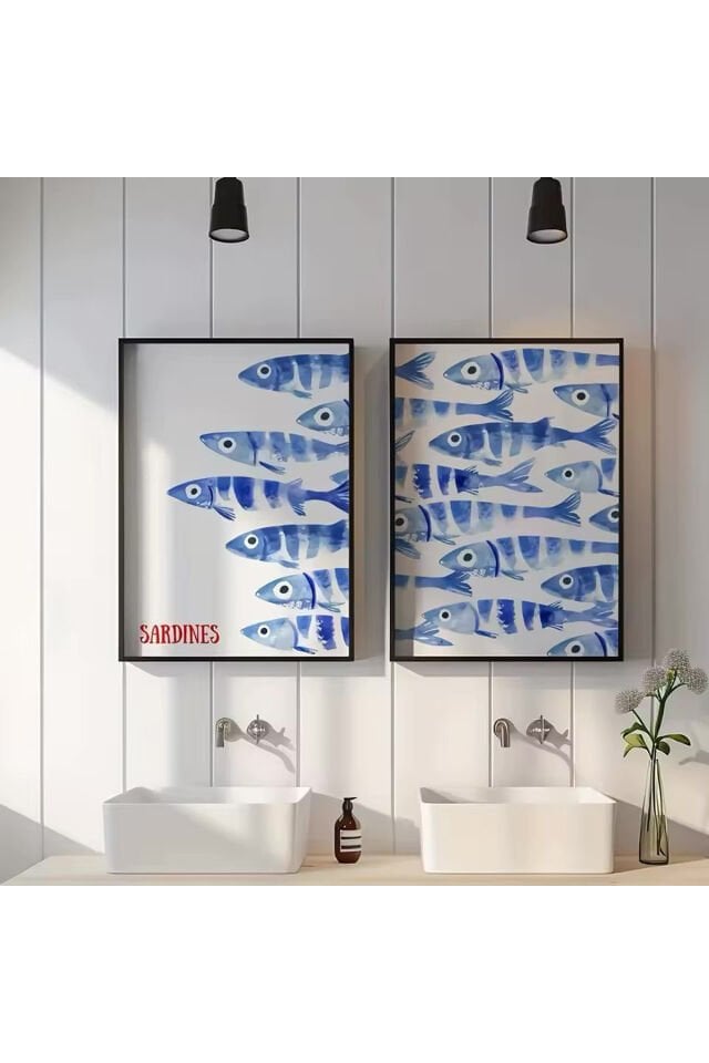 2li Siyah Metal Çerçeve Mavi Balık Gerçek Cam Tablo Seti