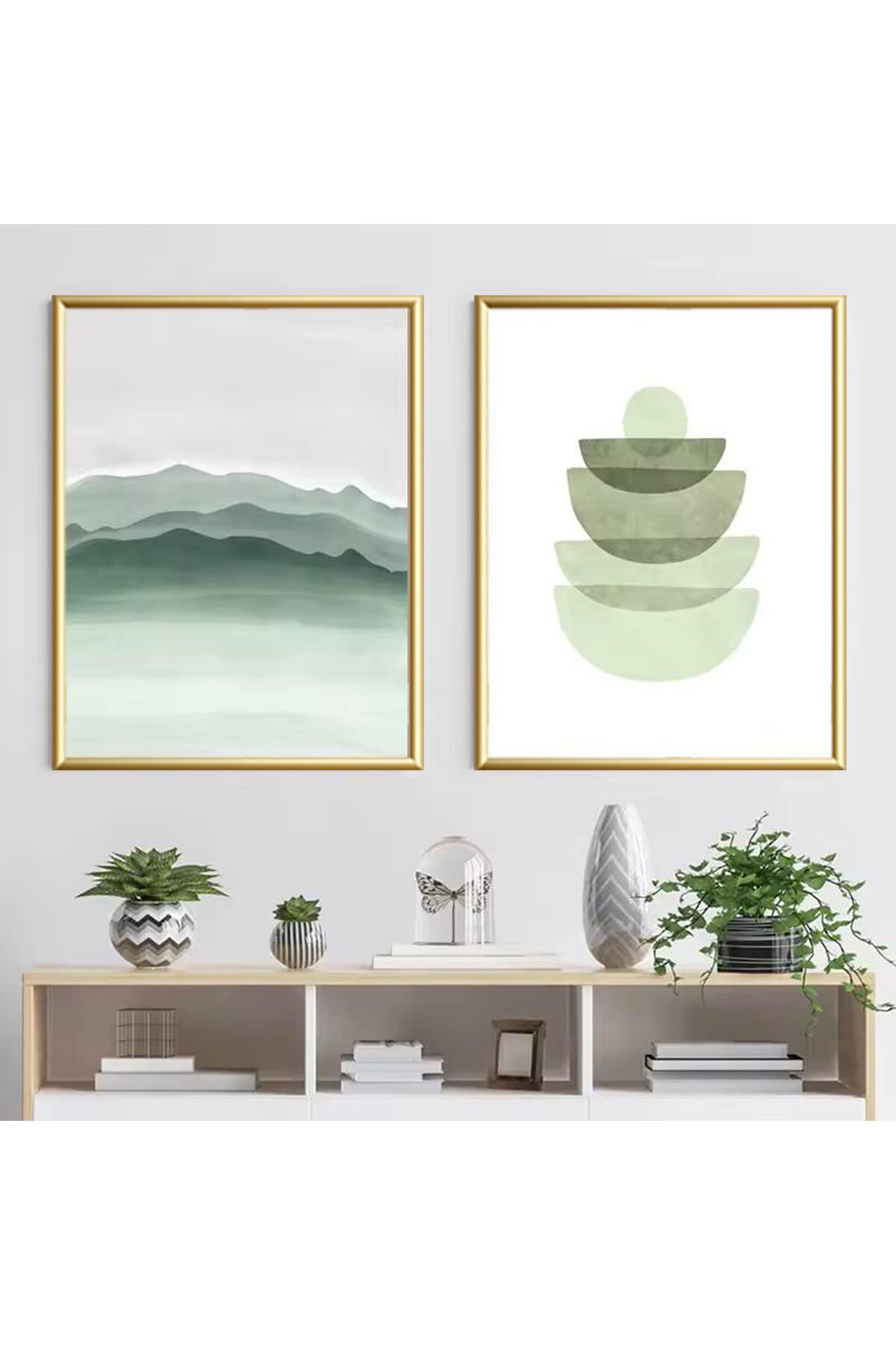 2li Gold Metal Çerçeveli Yeşil Camlı Geometrik