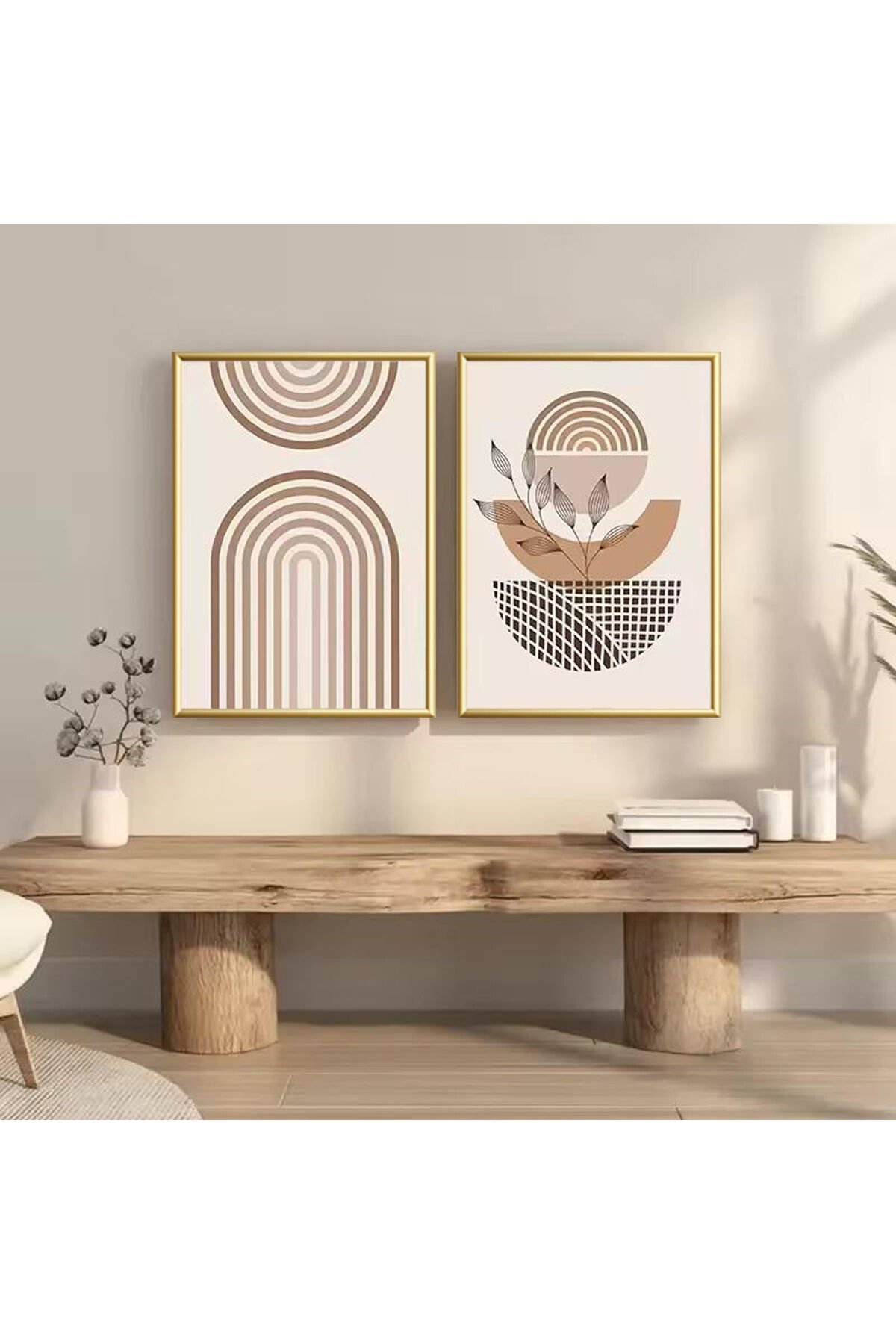 2li Gold Metal Çerçeveli Bohem Krem Gerçek Cam Tablo Seti