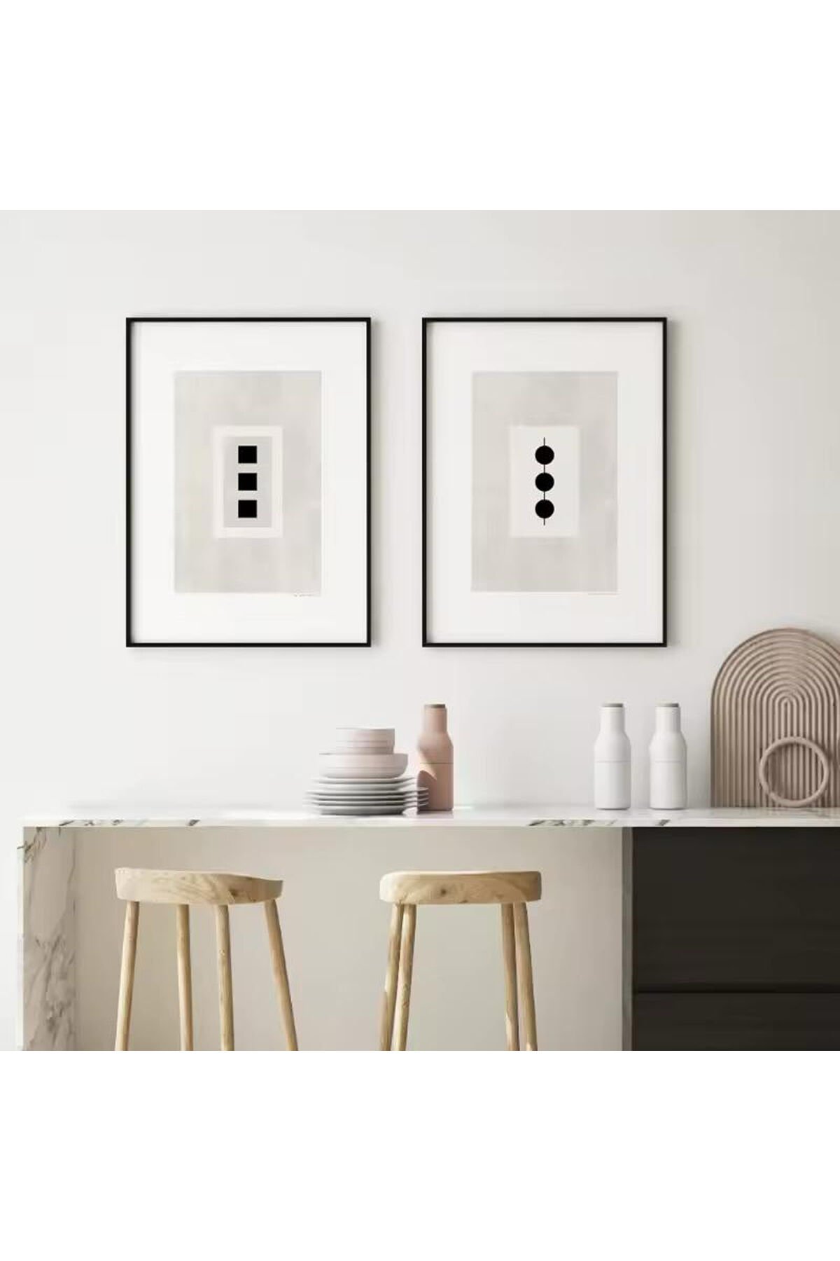 2li Siyah Metal Çerçeve Gri Beyaz Gerçek Cam Tablo Seti