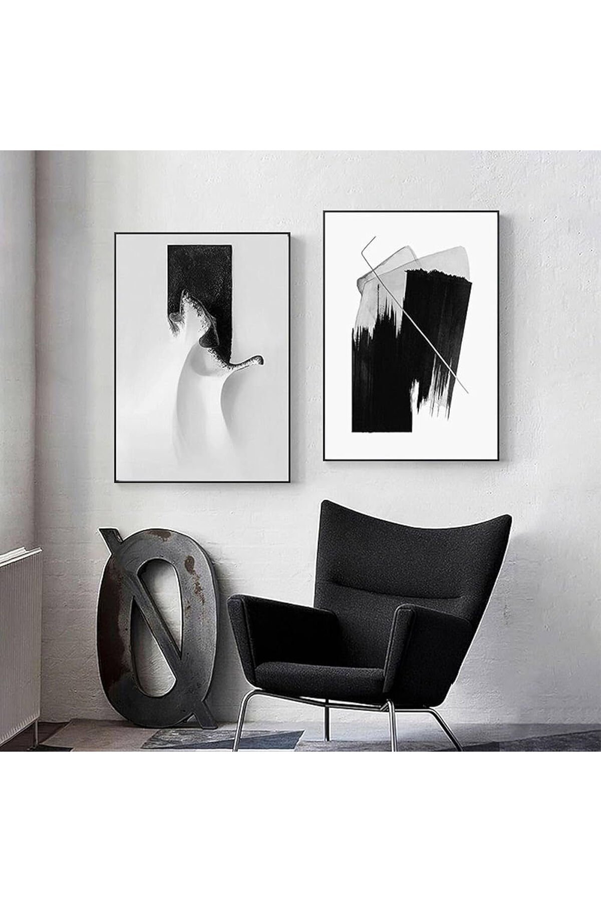 2li Siyah Metal Çerçeve Dalga Gri Gerçek Cam Tablo Seti