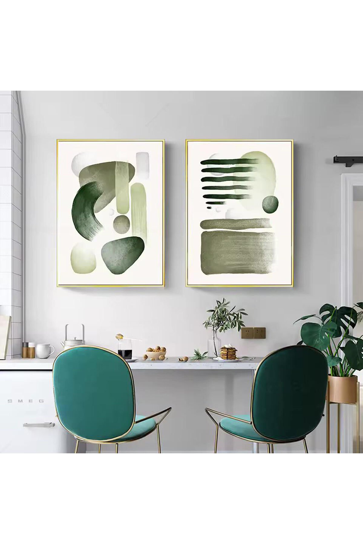 2li Gold Metal Çerçeveli Yeşil Moda Gerçek Cam Tablo Seti