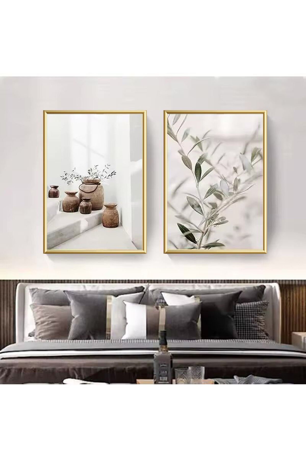 2li Gold Metal Çerçeveli Akdeniz Ege Gerçek Cam Tablo Seti