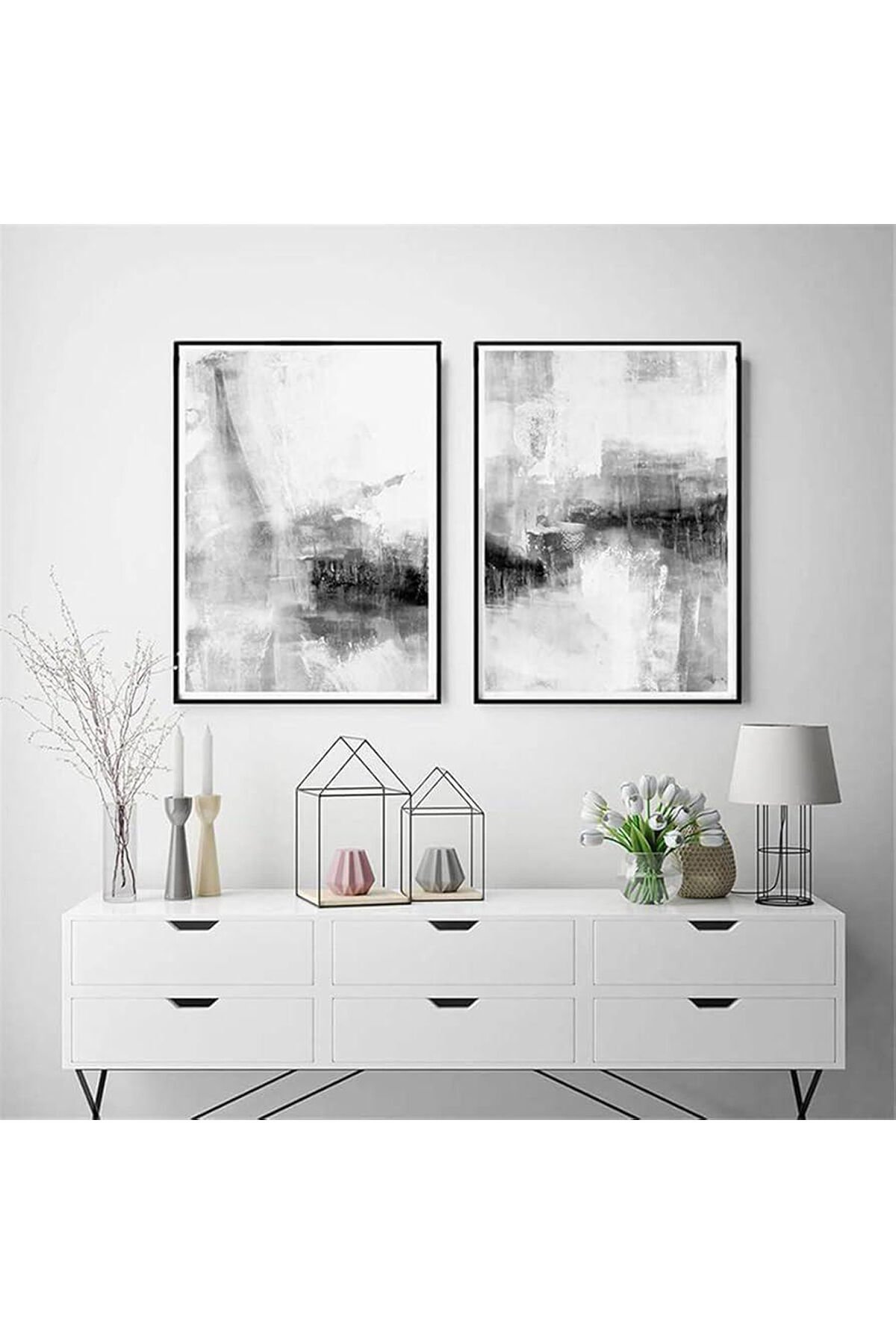 2li Siyah Metal Çerçeve Gri Desen Gerçek Cam Tablo Seti