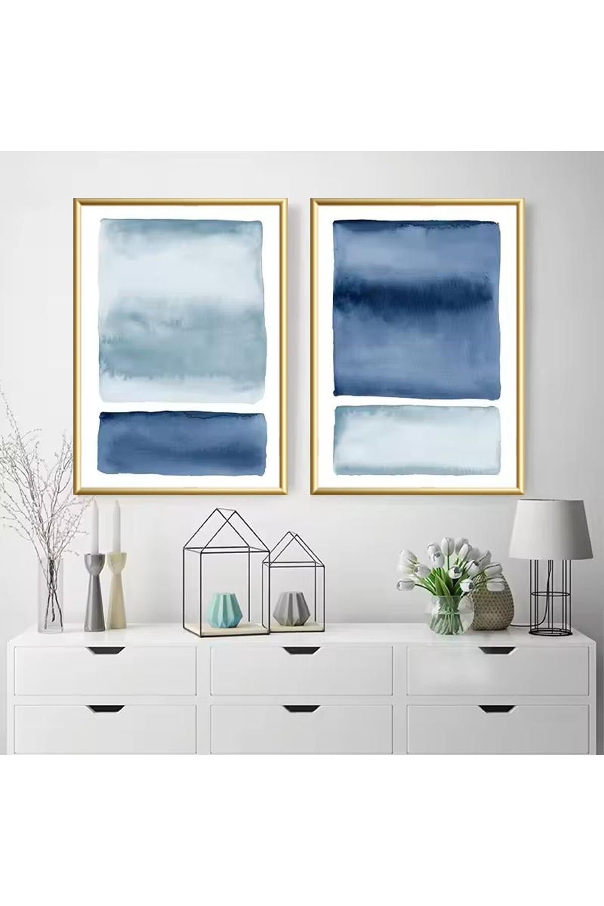2li Gold Metal Çerçeveli Soyut Mavi Gerçek Cam Tablo Seti