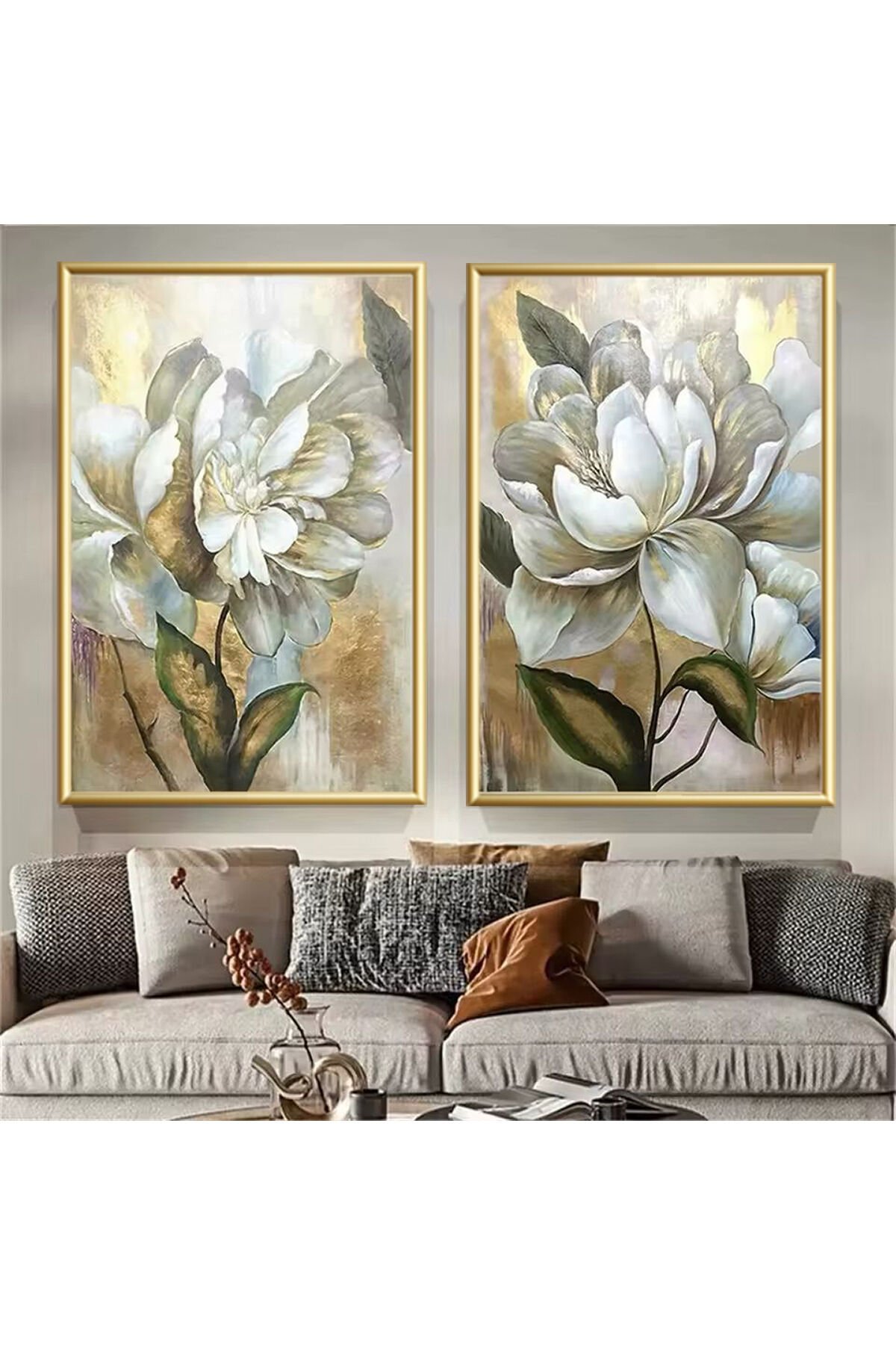 2li Altın Metal Çerçeveli Gri Çiçek Gerçek Cam Tablo Seti