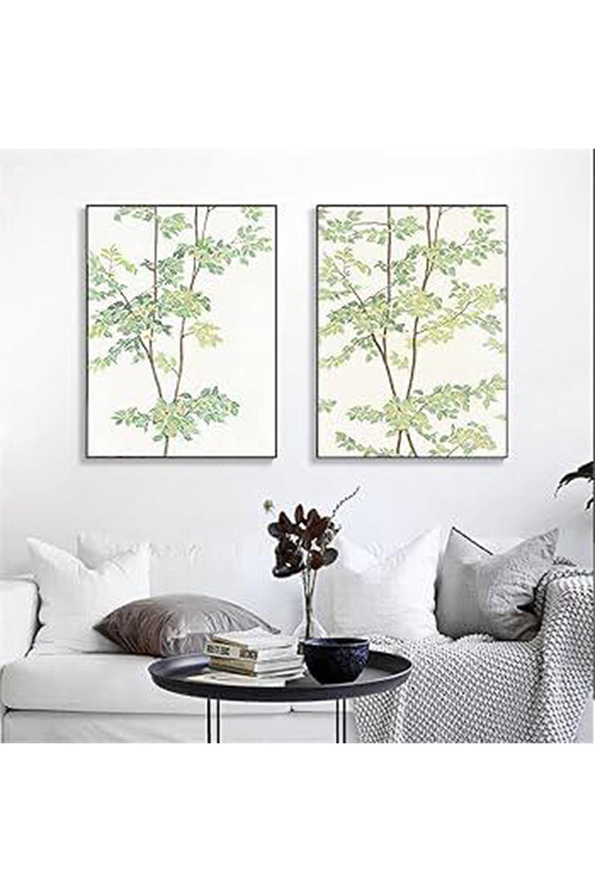2li Siyah Metal Çerçeve Yeşil Yaprak Gerçek Cam Tablo Seti