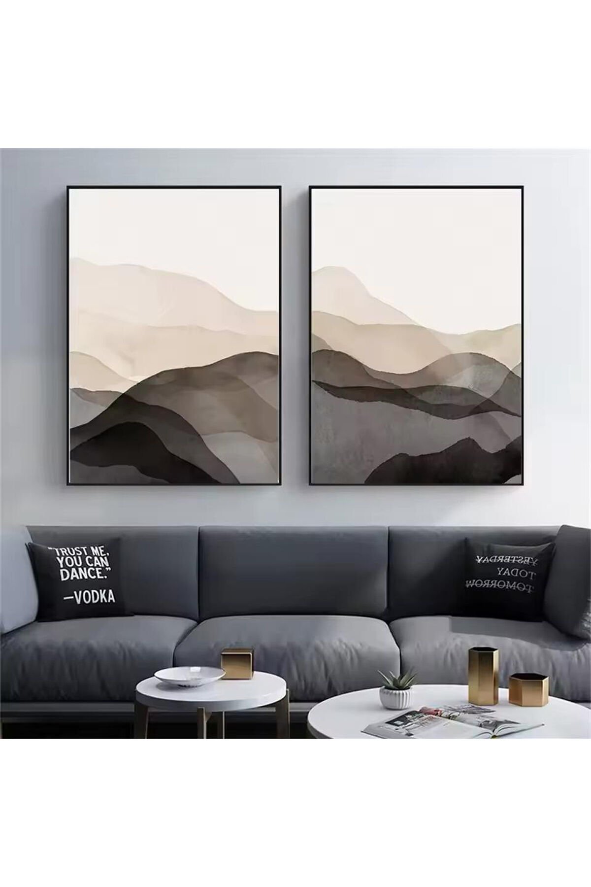 2li Siyah Metal Çerçeve Soyut Katman Gerçek Cam Tablo Seti