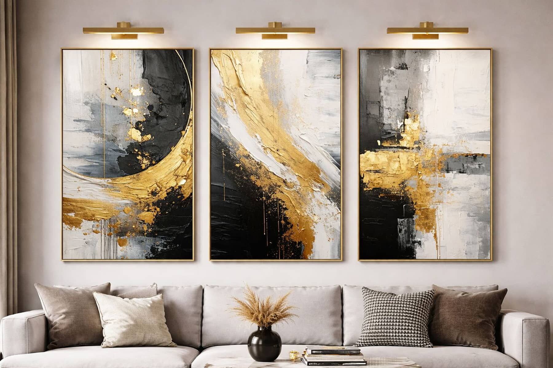 Üçlü Gold Çerçeve Beyaz Siyah Soyut Şık Tasarım Camlı Tablo Seti