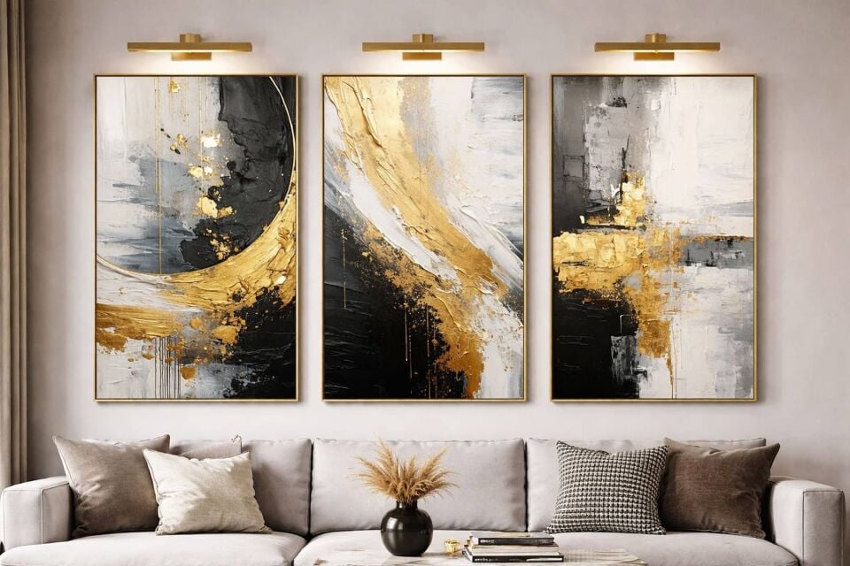 Üçlü Gold Çerçeve Beyaz Siyah Soyut Şık Tasarım Camlı Tablo Seti