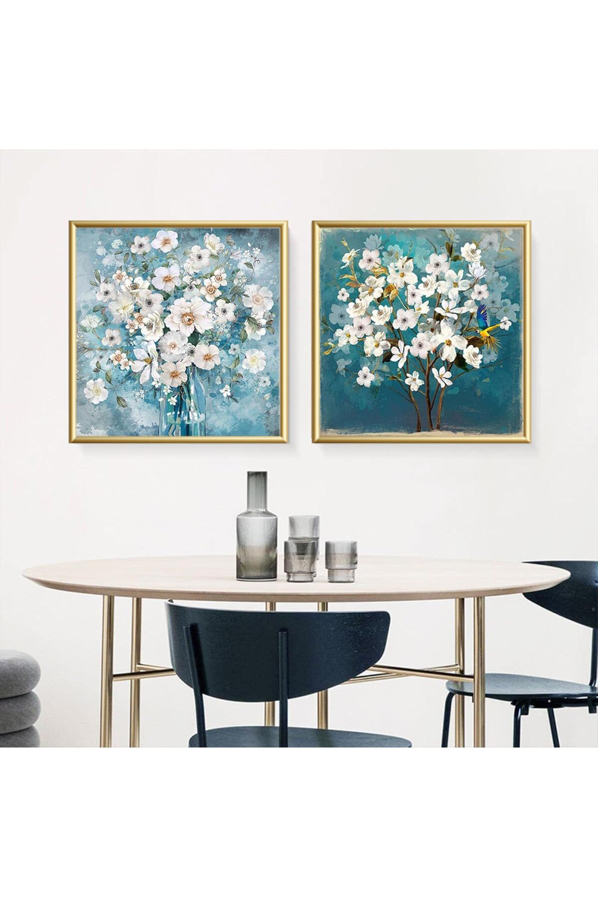 2li Gold Metal Çerçeveli Kare Mavi Çiçek Gerçek Cam Tablo Seti