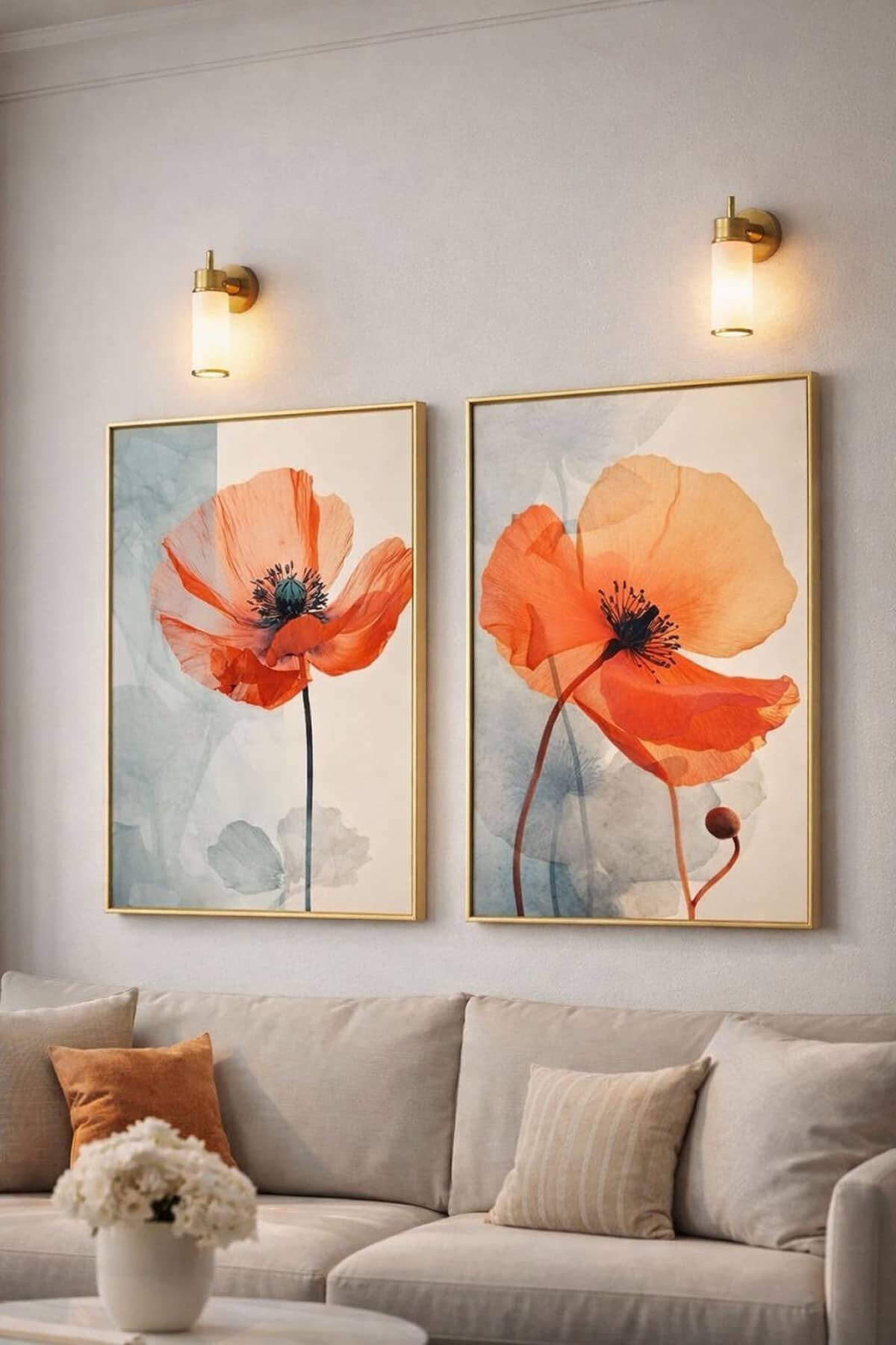 Ikili Gold Alüminyum Camlı Kırmızı Çiçek Camlı Poster Seti