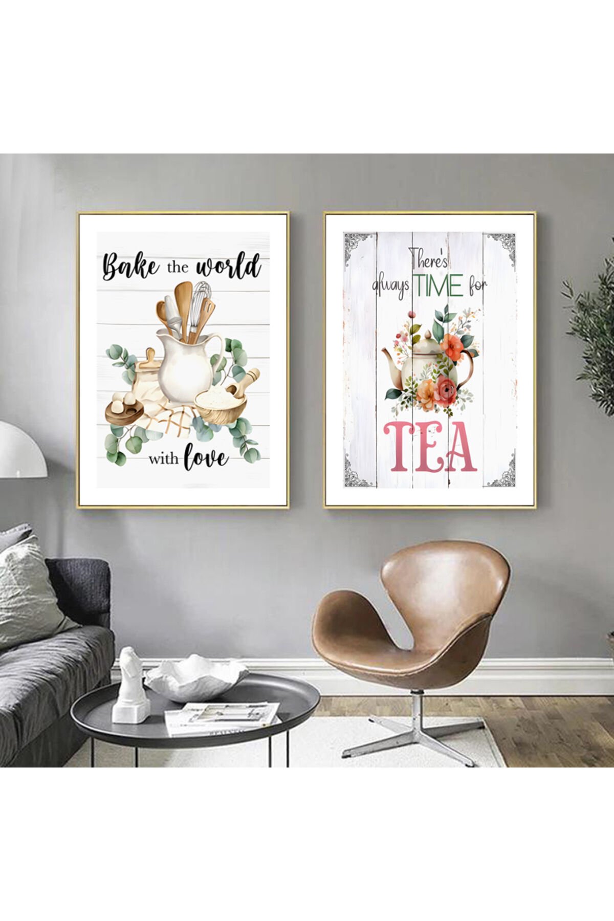 2li Gold Metal Çerçeveli Mutfak Sade Cam Tablo Seti