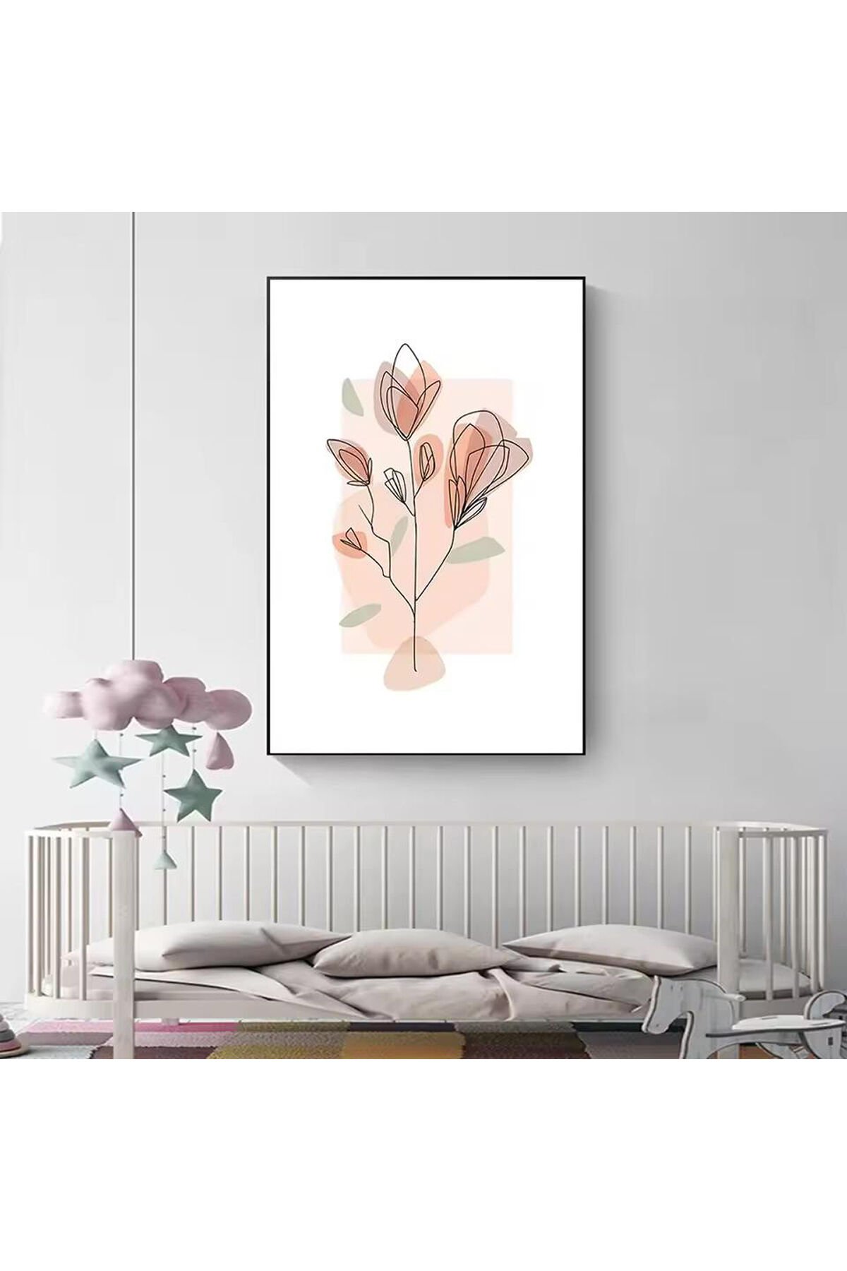 Tekli Siyah Metal Çerçeve Pembe Çiçek Gerçek Cam Tablo Seti