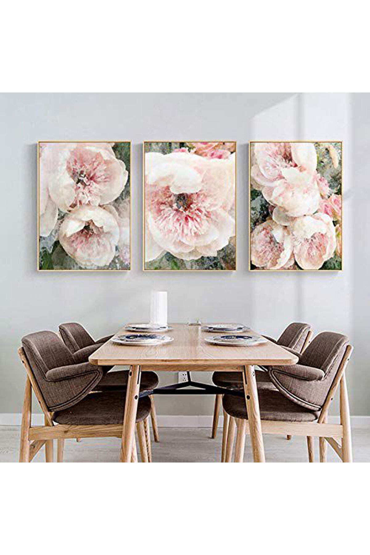 3lü Gold Metal Çerçeve Pembe Çiçek Gerçek Cam Tablo Seti