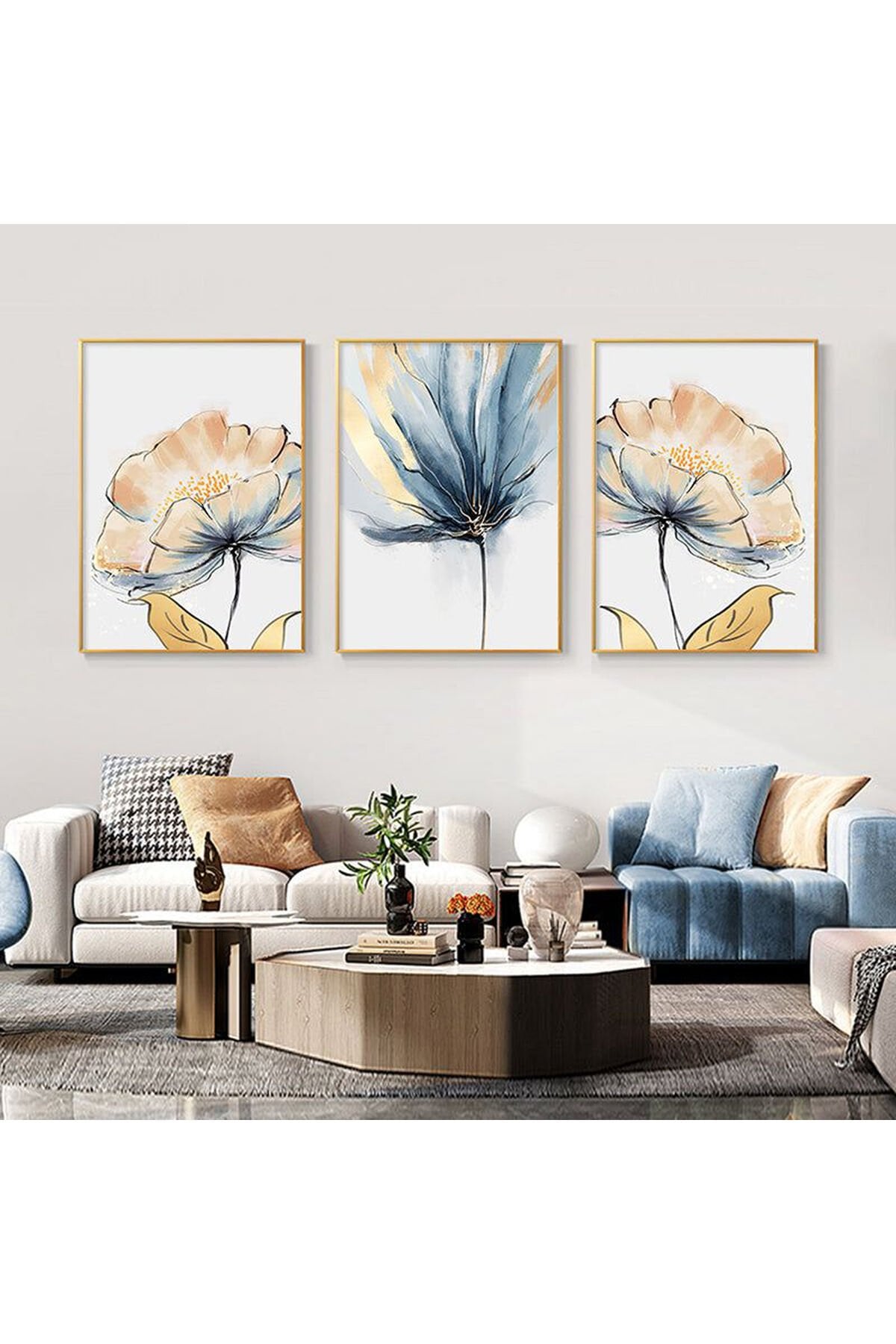 3lü Gold Metal Çerçeve Sarı Çiçek Gerçek Cam Tablo Seti