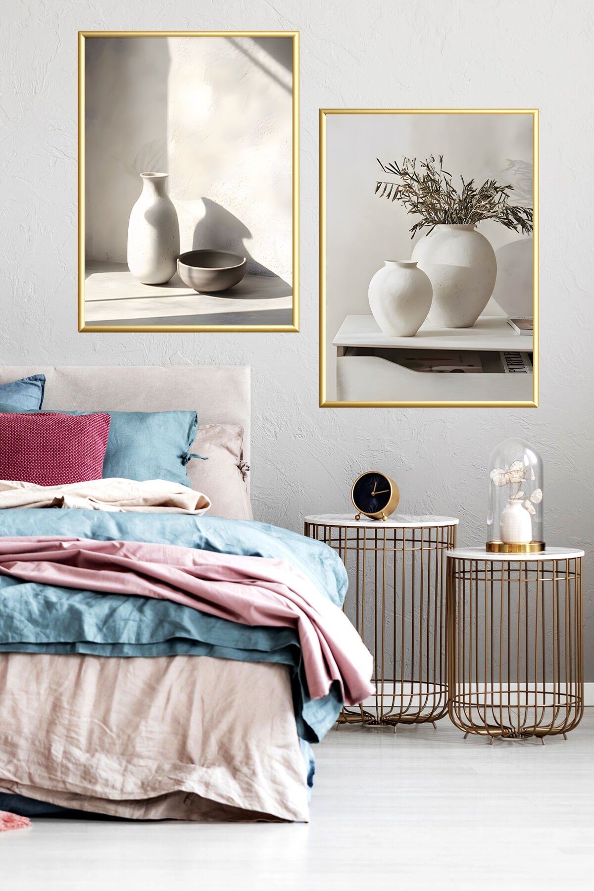 2li Gold Metal Çerçeveli Soft Saksı Gerçek Cam Tablo Seti