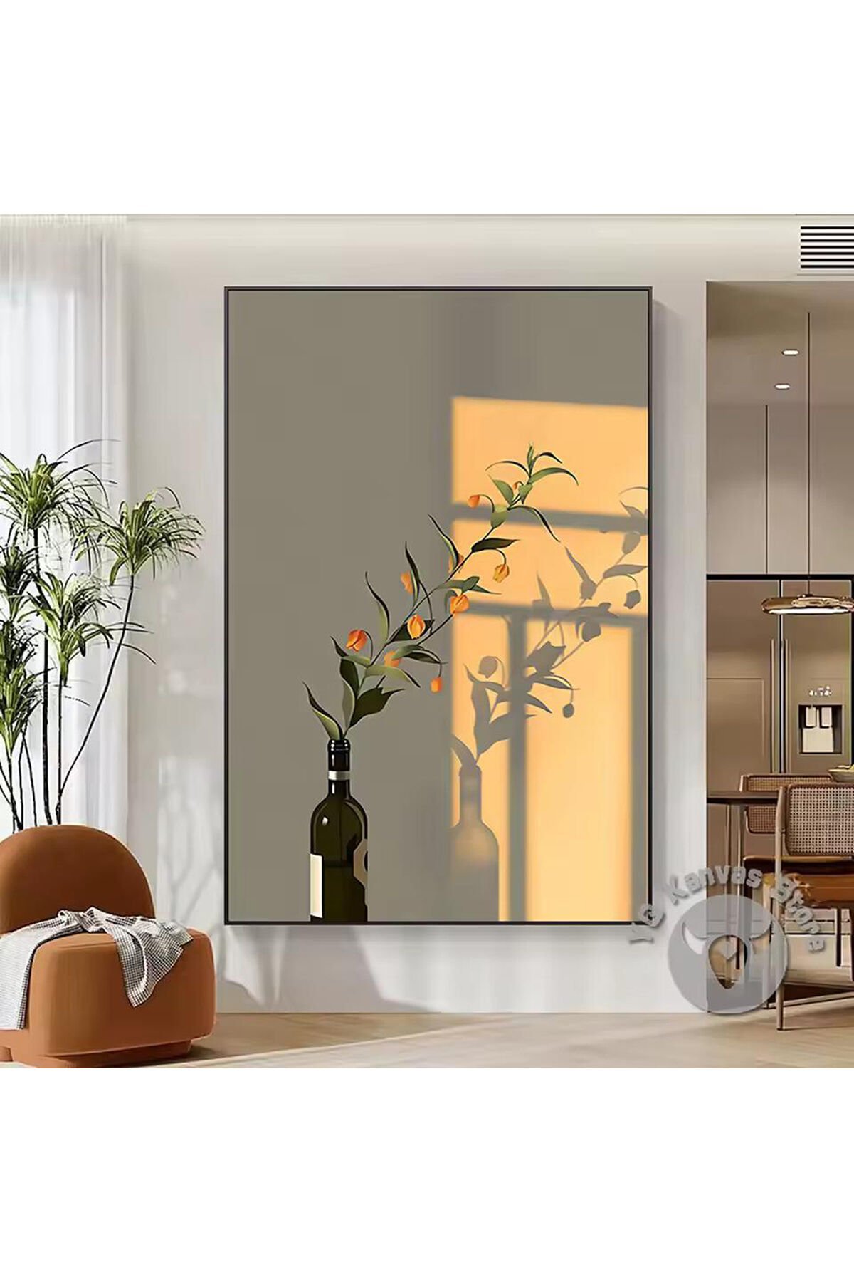 Tekli Siyah Metal Çerçeve Mavi Şişe Çiçek Cam Tablo Seti