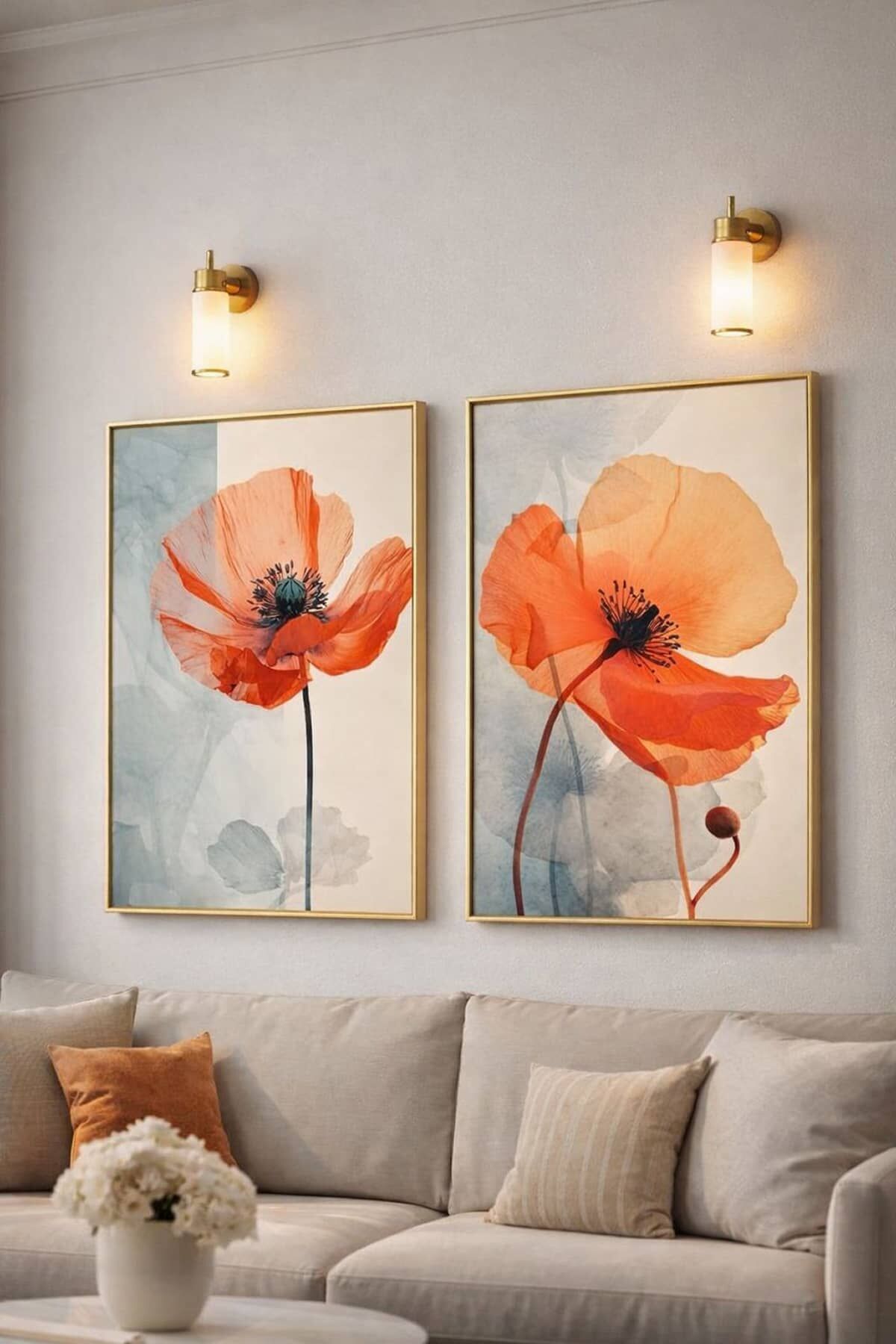 Ikili Gold Alüminyum Camlı Kırmızı Çiçek Camlı Poster Seti Gold - 50 X 70