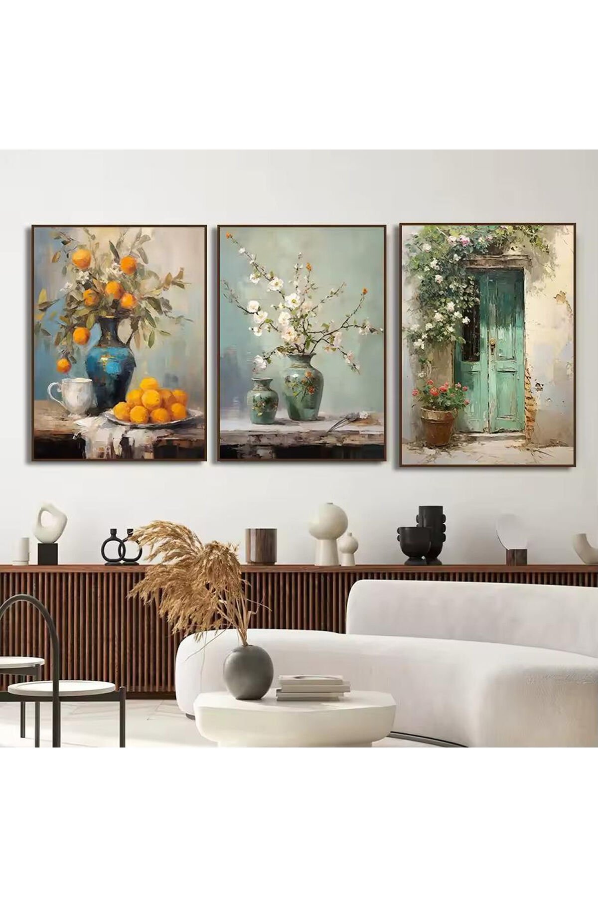 3lü Siyah Metal Çerçeve Vazo Kapı Gerçek Cam Tablo Seti