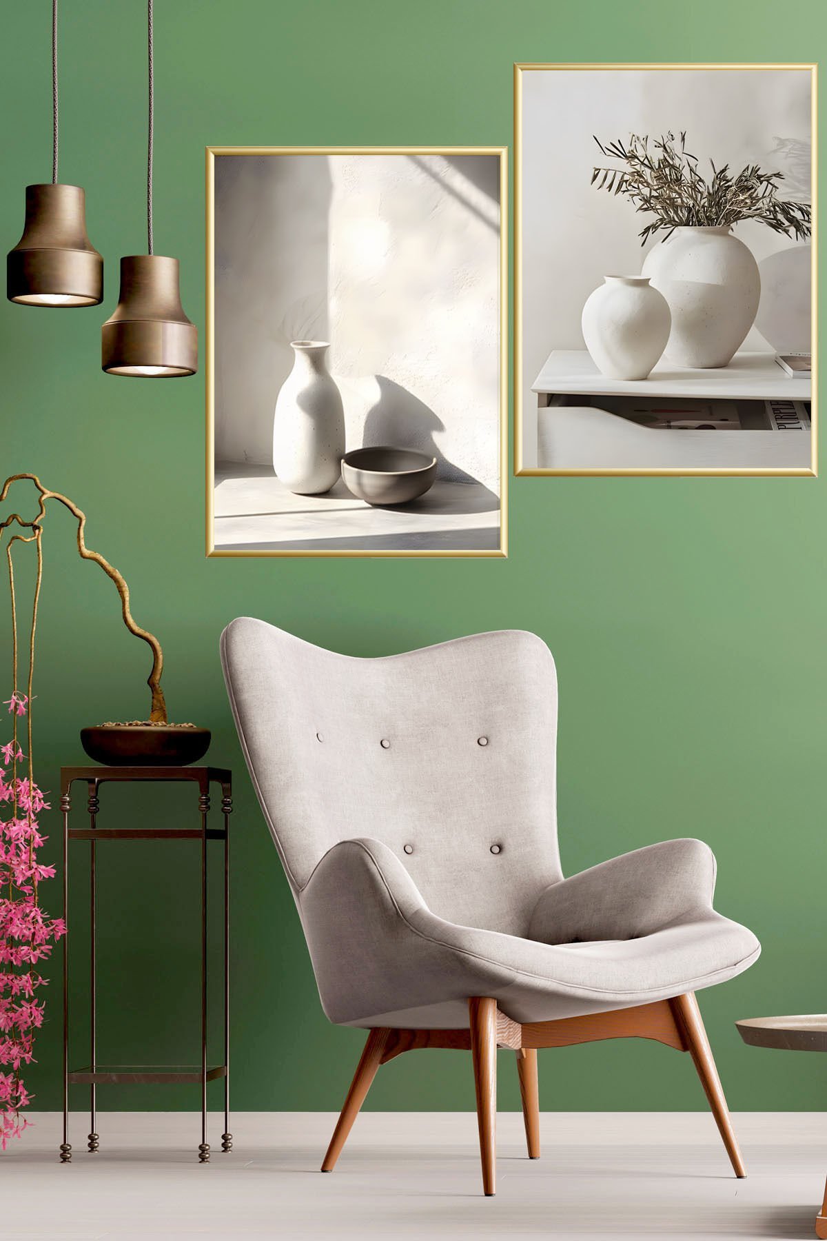 2li Gold Metal Çerçeveli Beyaz Saksı Gerçek Cam Tablo Seti