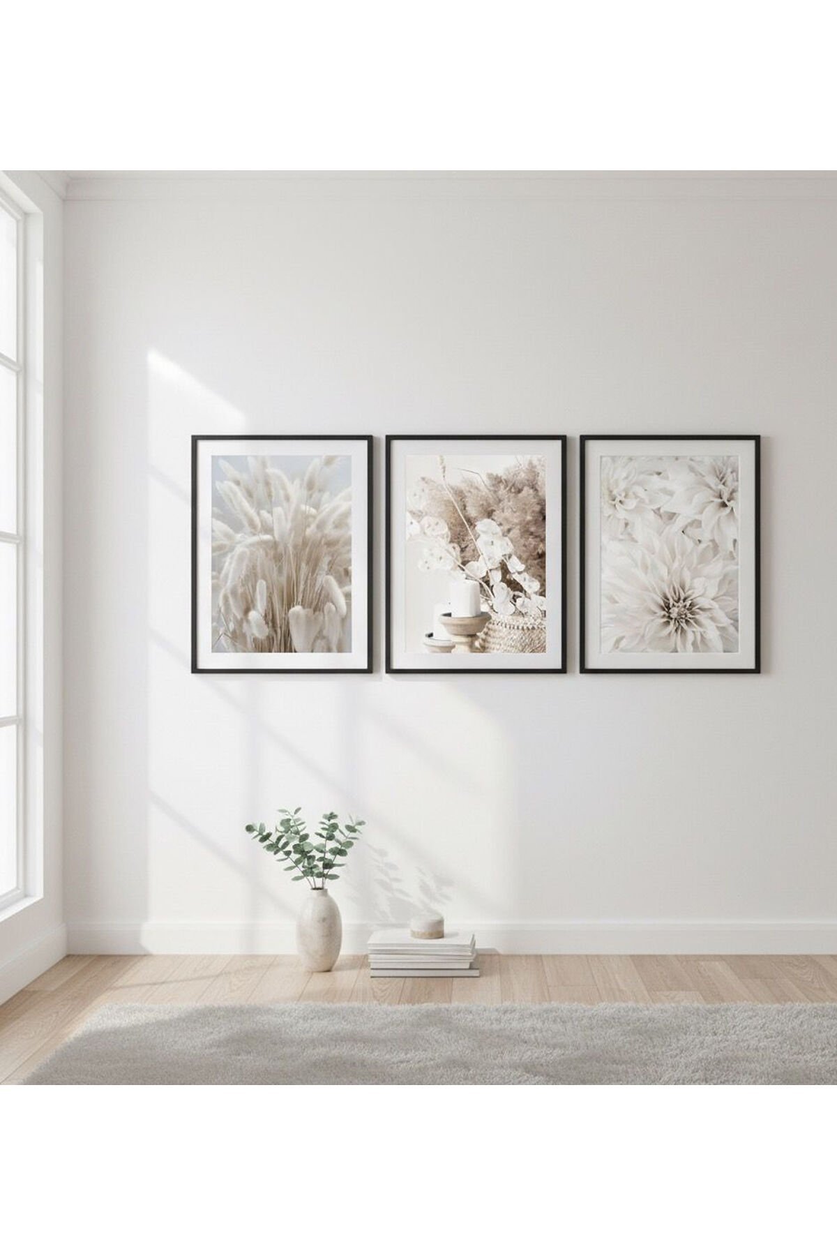 3lü Siyah Metal Çerçeve Soft Krem Gerçek Cam Tablo Seti