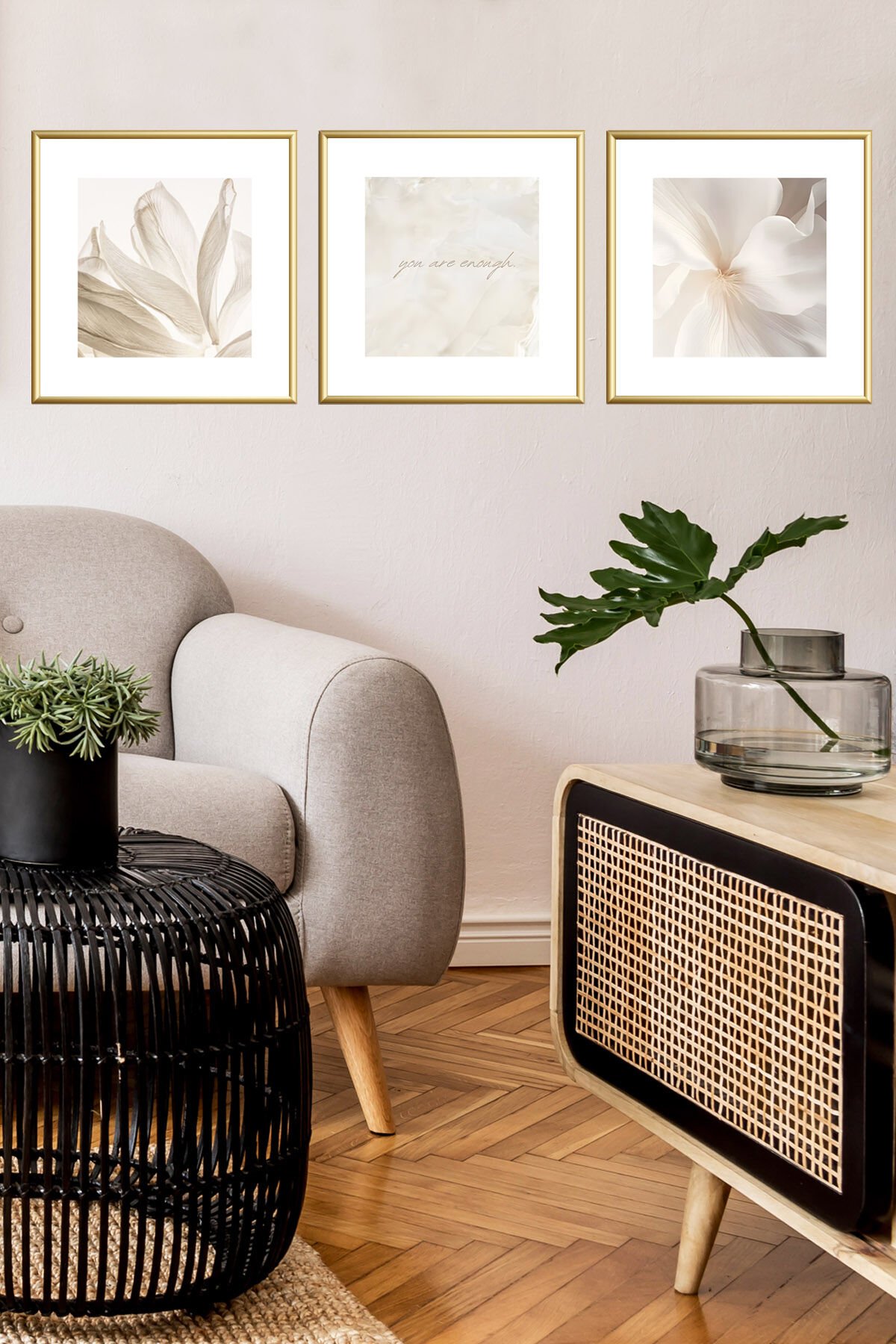 3lü Gold Metal Çerçeve Kare Fenemen Gerçek Cam Tablo Seti