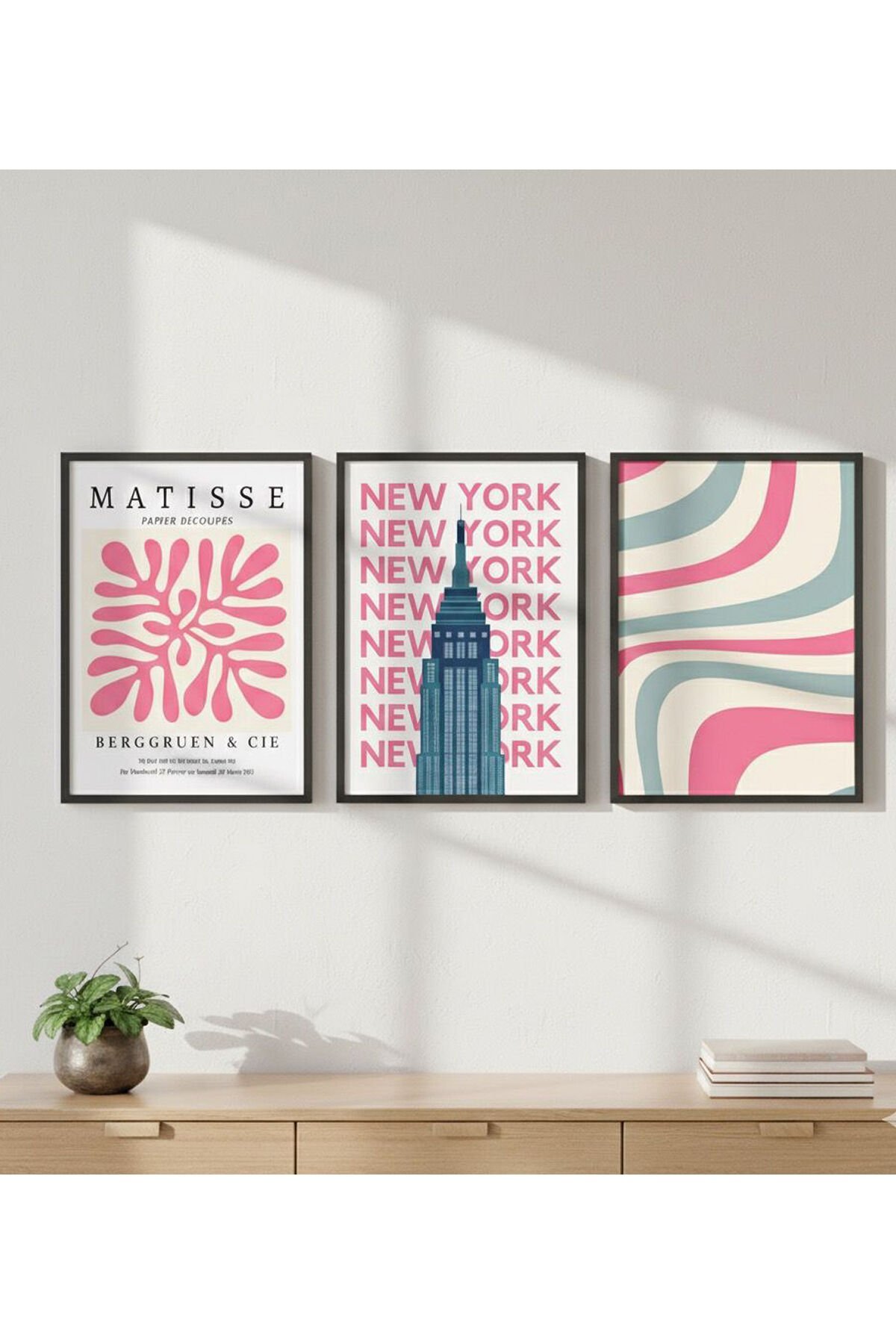 3lü Siyah Metal Çerçeve Matisse Pembe Gerçek Cam Tablo Seti