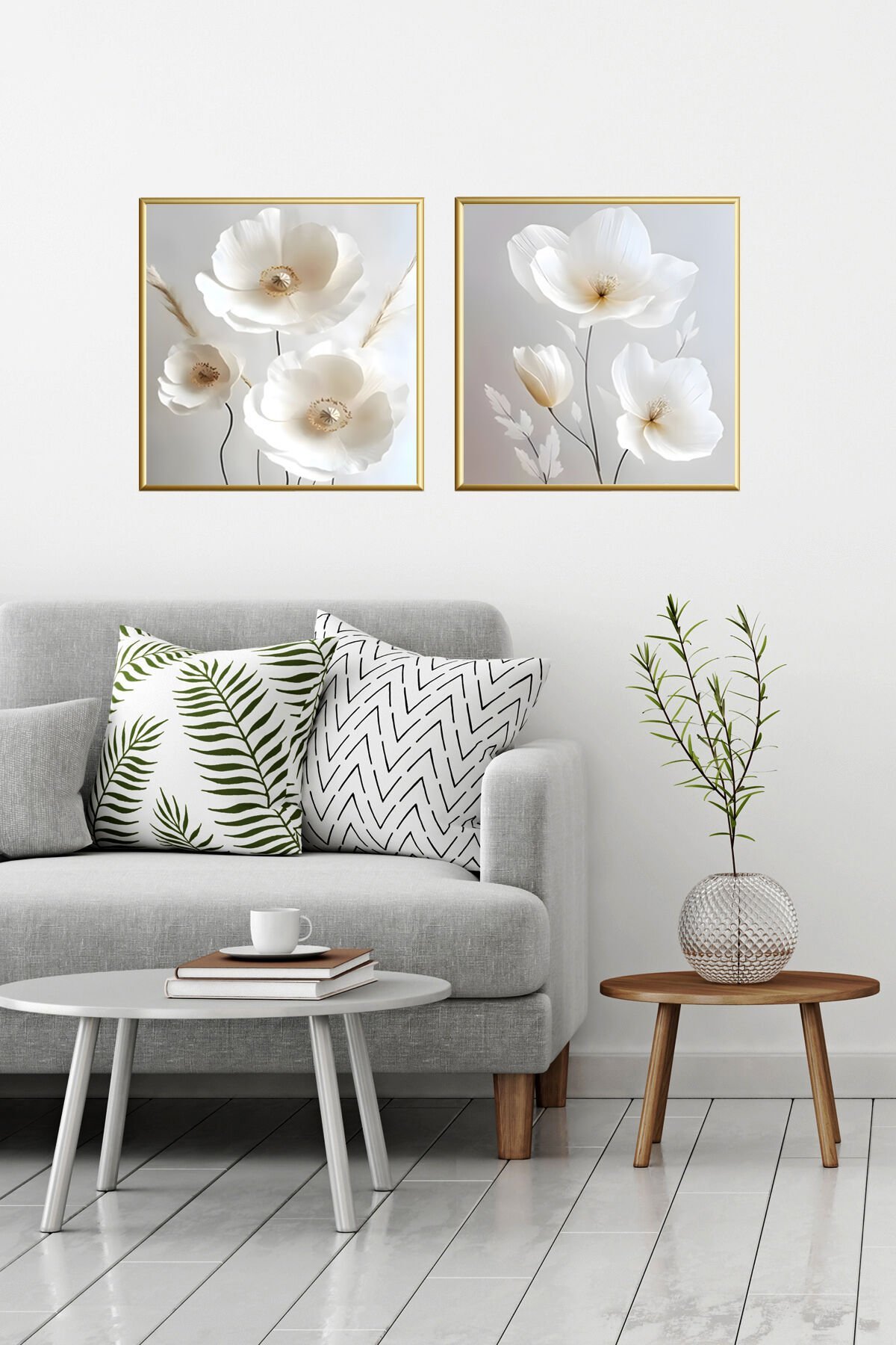 2li Gold Metal Çerçeveli Kare Gri Çiçek Gerçek Cam Tablo Seti