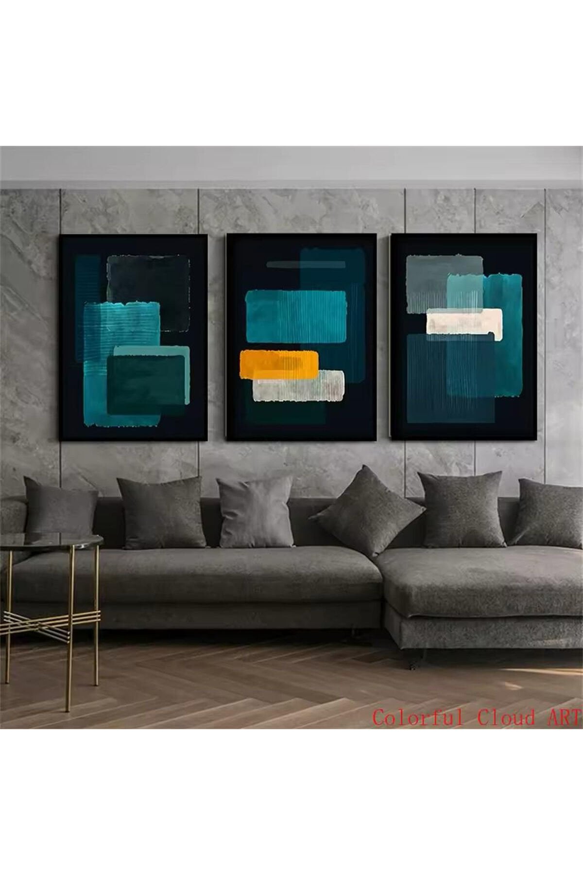 3lü Siyah Metal Çerçeve Sanatsal Tarz Gerçek Cam Tablo Seti