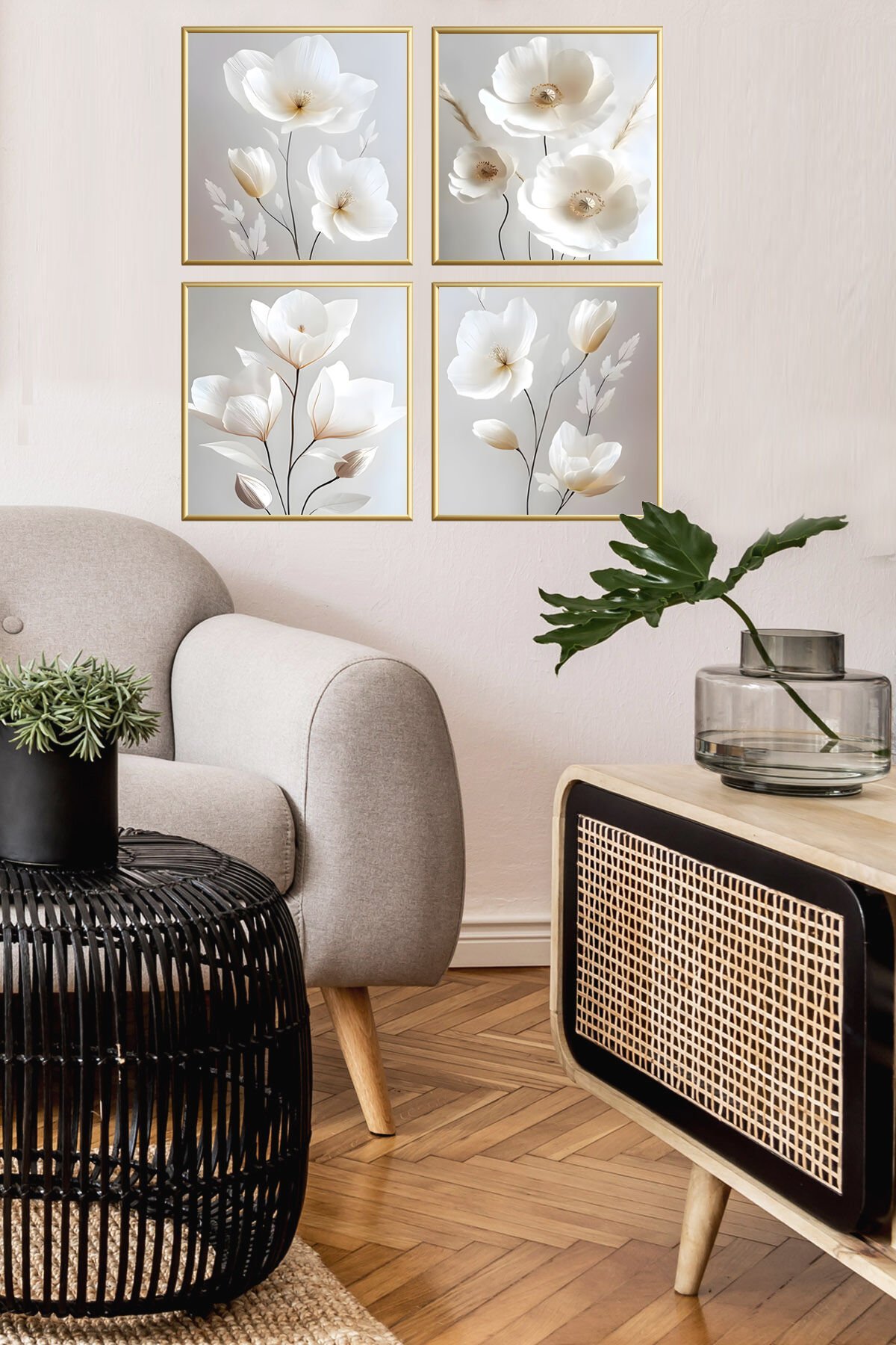 Dörtlü Gold Metal Çerçeveli Kare Gri Çiçek Gerçek Cam Tablo Seti