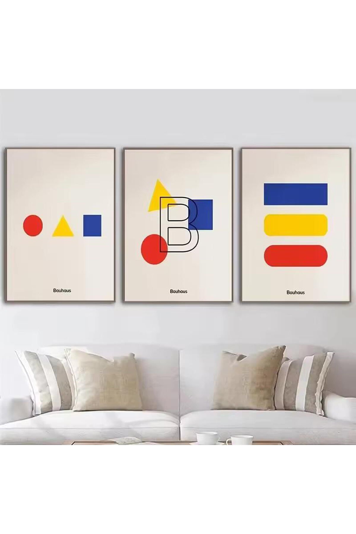 3lü Siyah Metal Çerçeve Sarı Mavi Kırmızı Cam Tablo Seti