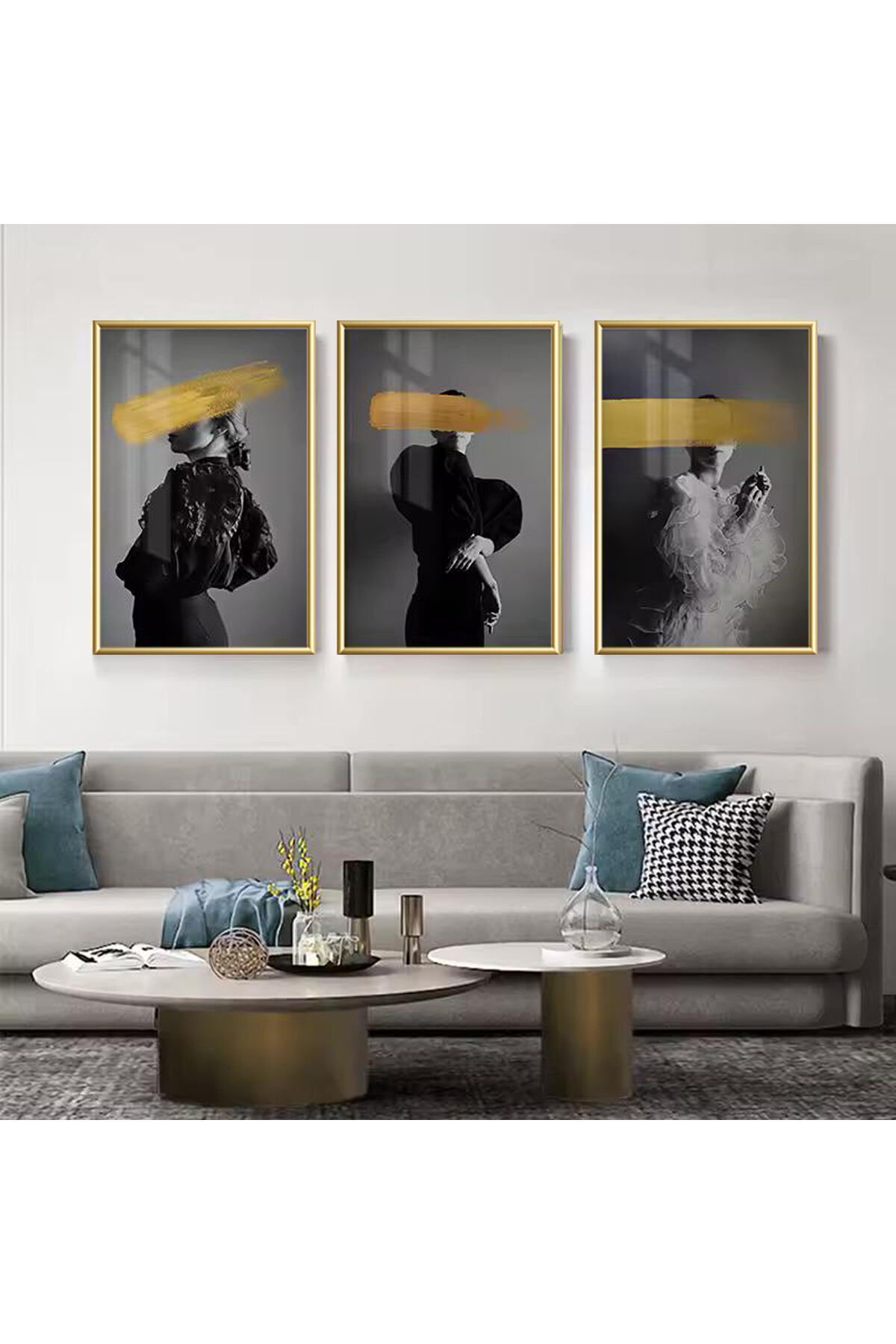 3lü Gold Metal Çerçeve Gri Moda Gerçek Cam Tablo Seti