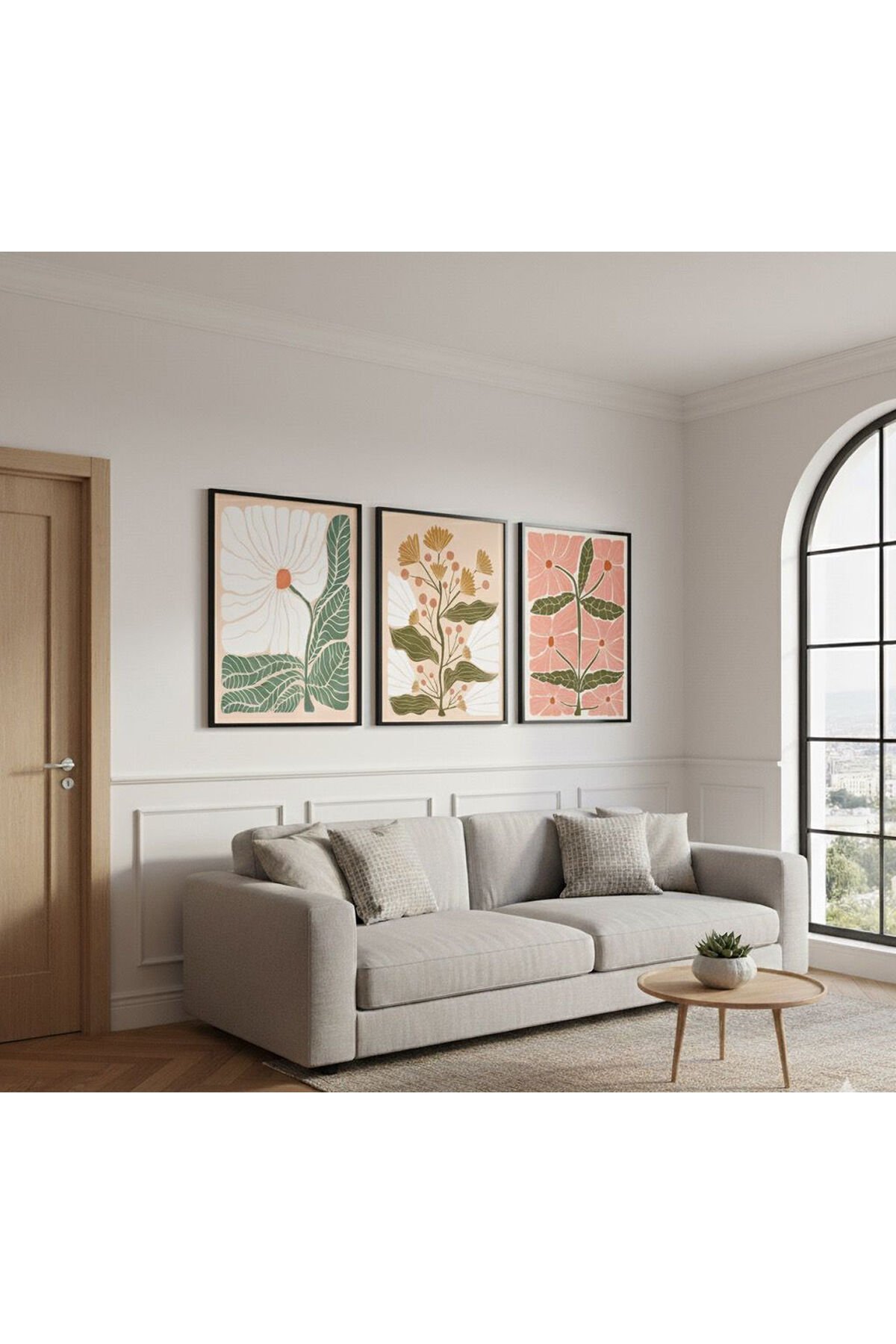 3lü Siyah Metal Çerçeve Soyut Çiçek Gerçek Cam Tablo Seti