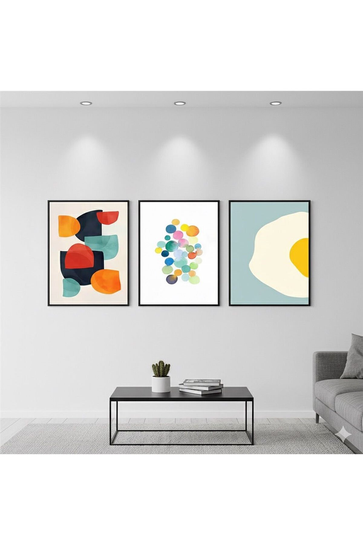 3lü Siyah Metal Çerçeve Mavi Soyut Gerçek Cam Tablo Seti