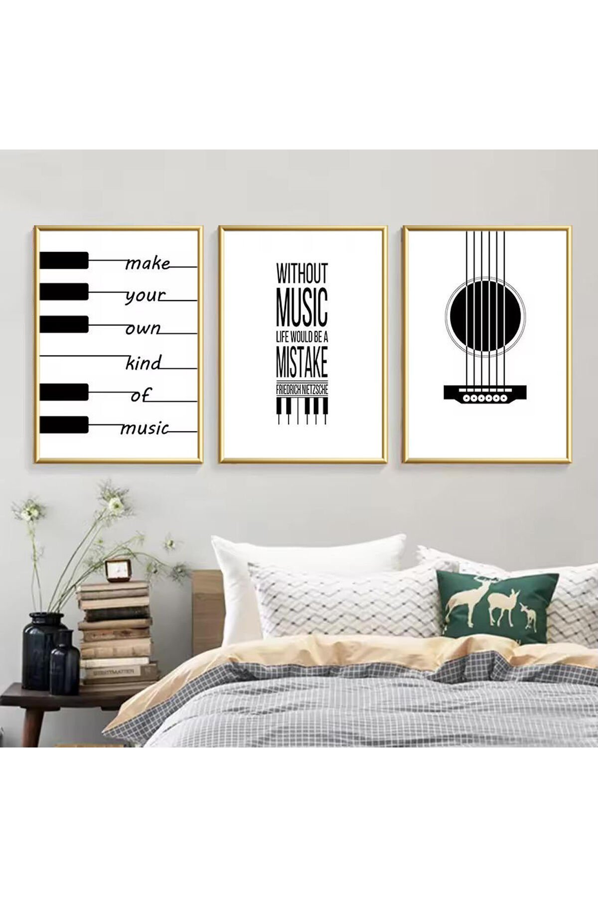 3lü Gold Metal Çerçeve Müzik Gitar Gerçek Cam Tablo Seti